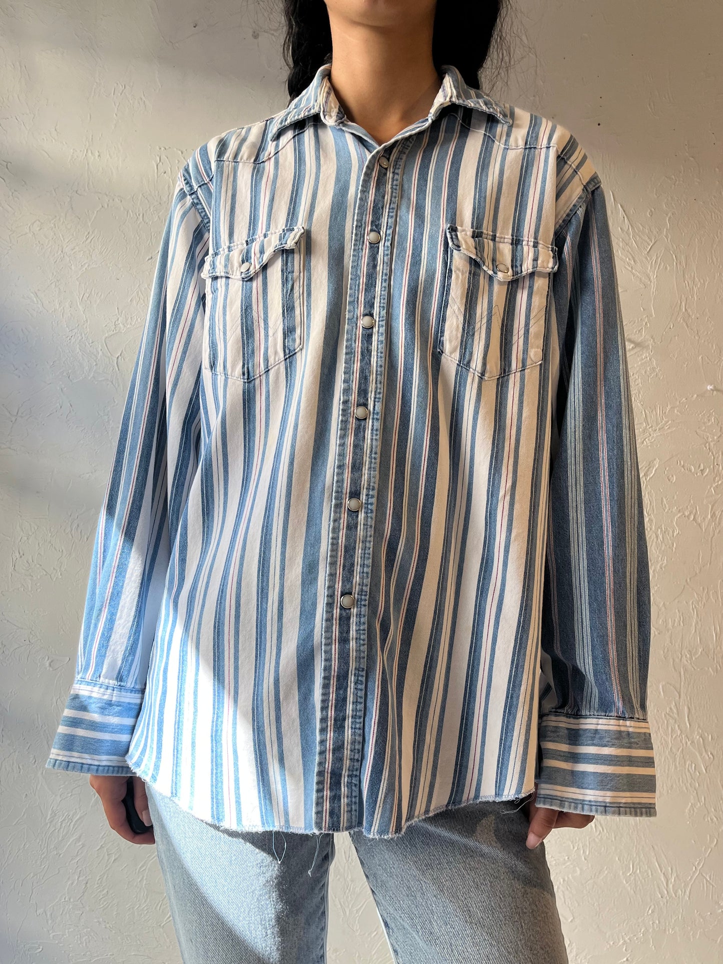 90s 'Wrangler' Blue Striped Snap Up Shirt / Large