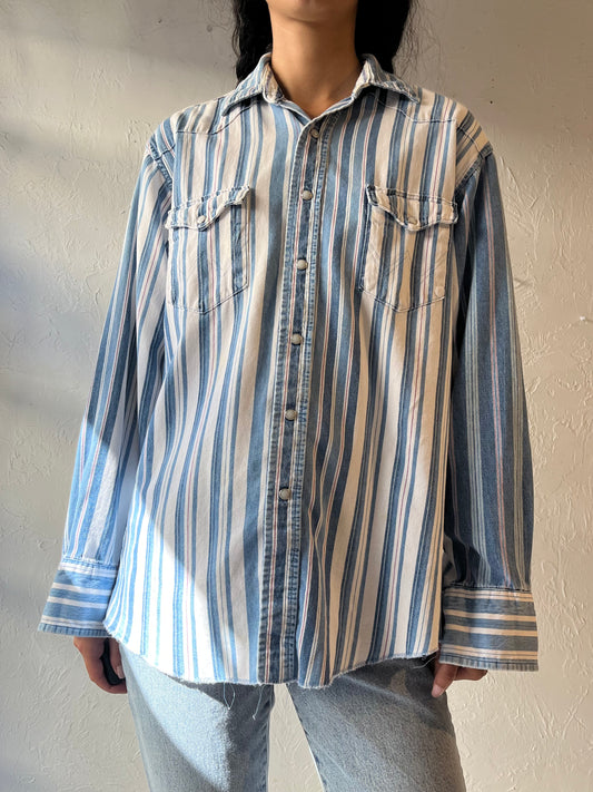 90s 'Wrangler' Blue Striped Snap Up Shirt / Large