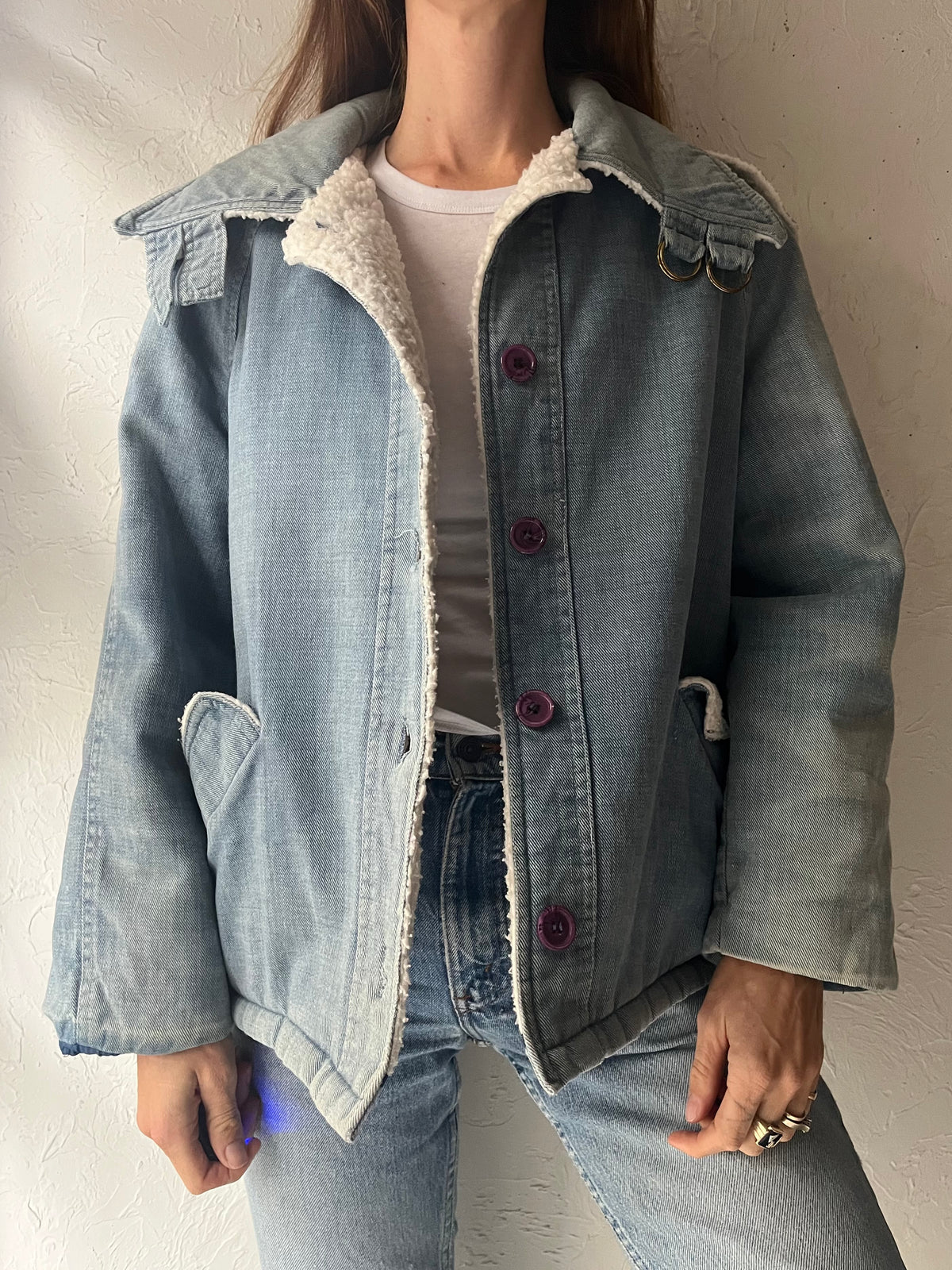 70s Faux Shearling Lined Denim Jacket / Medium
