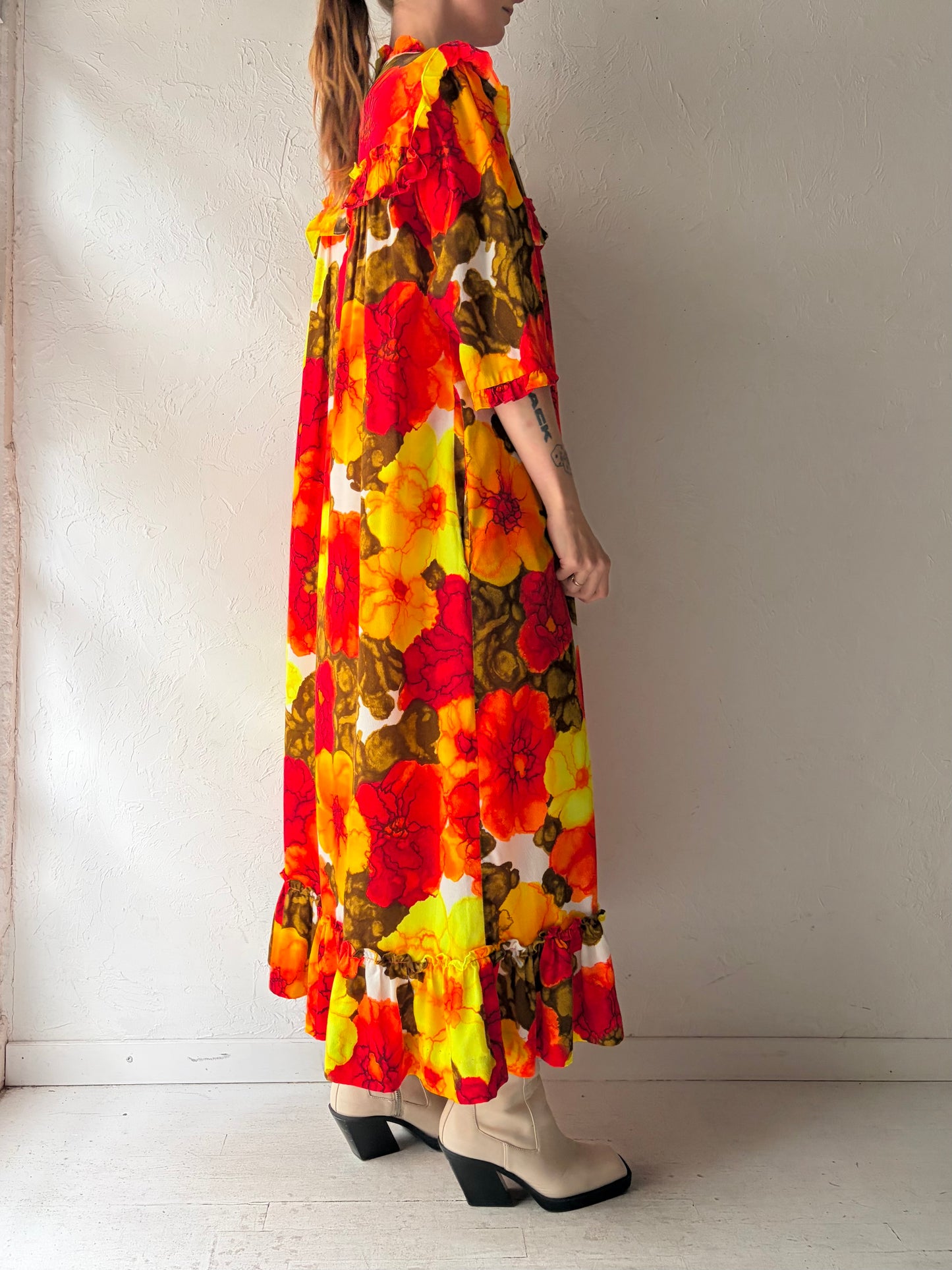 70s 'Hilo Hattie' Neon Floral Print MuuMuu Maxi Dress / Large