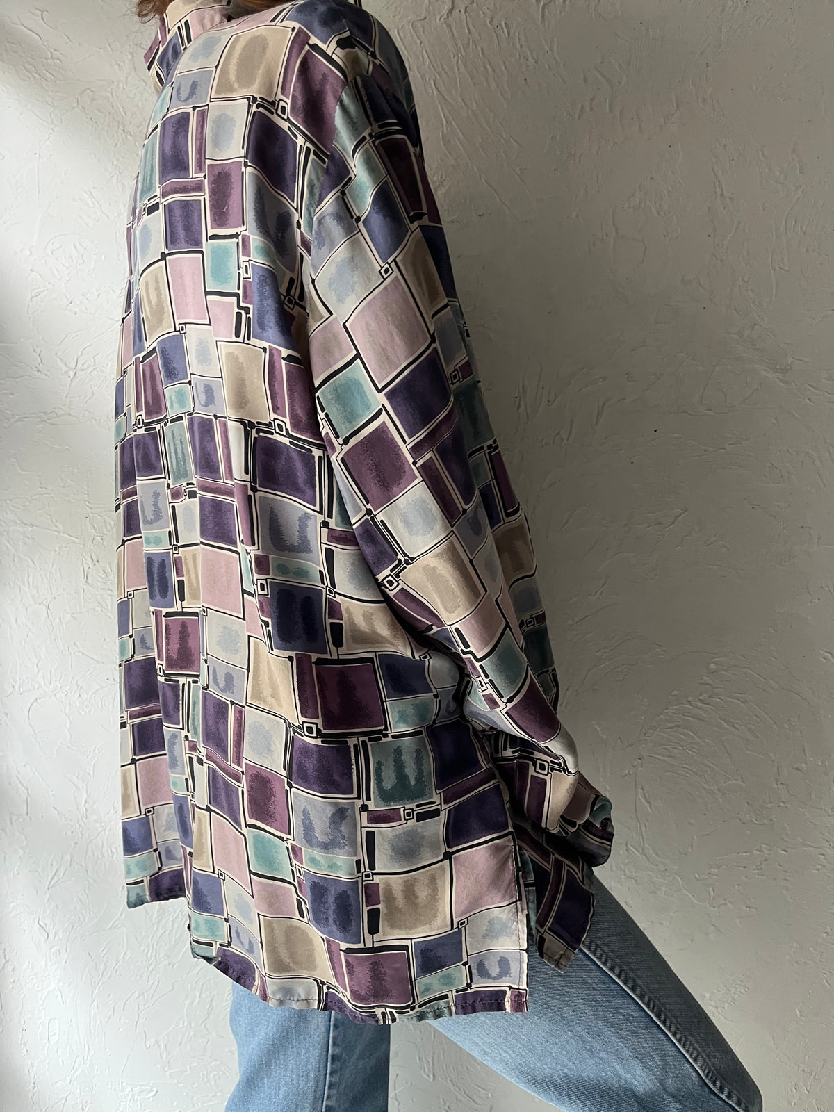 90s 'Stunt Woman' Oversized Retro Patterned Silk Top / XL