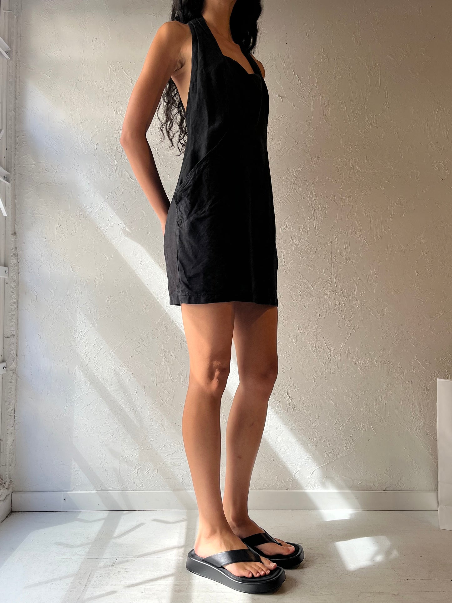 90s 'Jean Claude Poitras' Black Linen Halter Mini Dress / Small