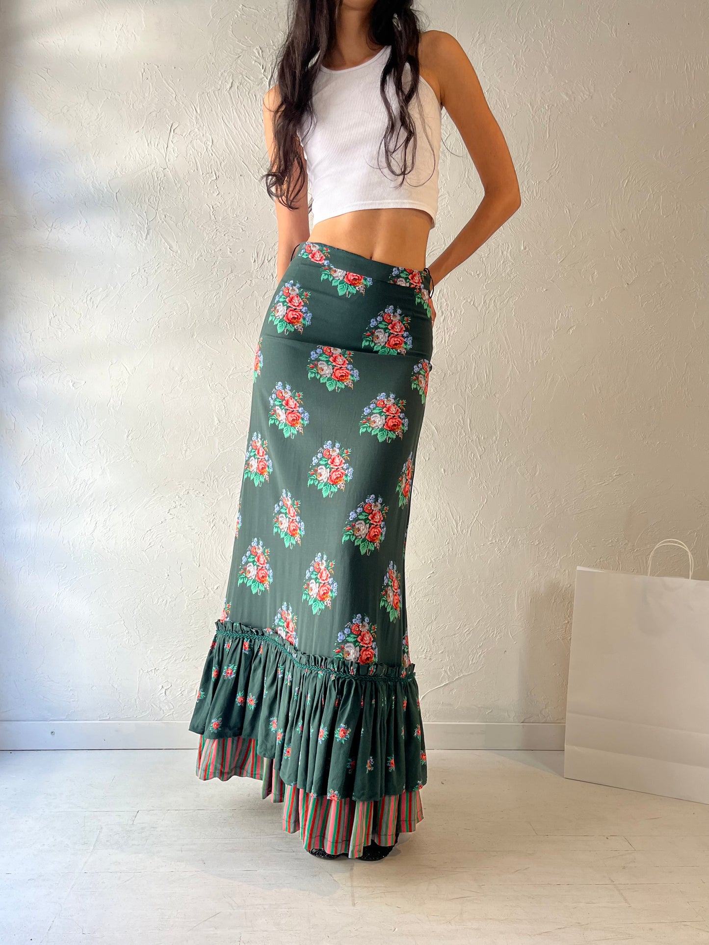 90s 'Ralph' Green Floral Maxi Skirt / Small