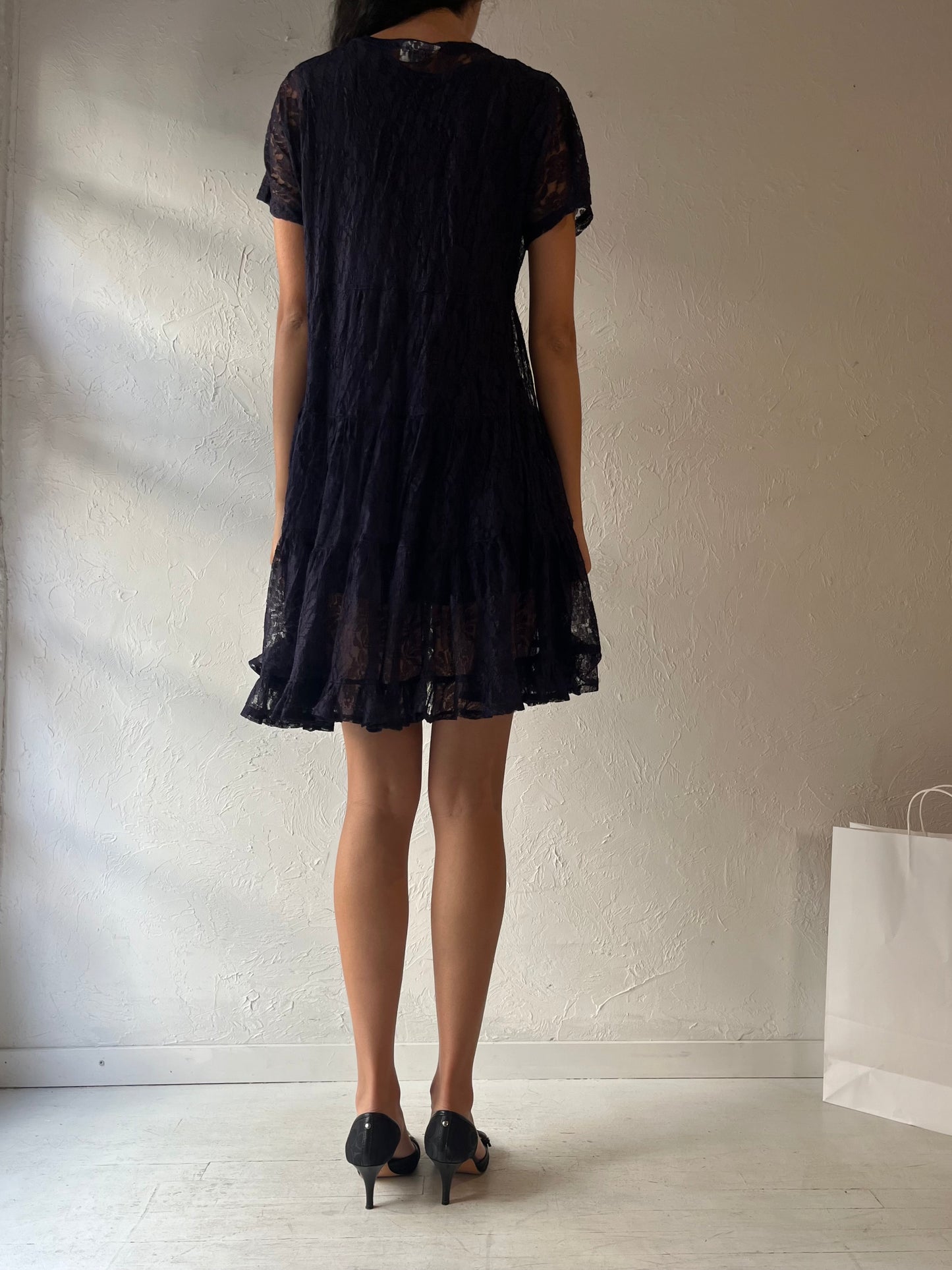 90s 'American Angel' Navy Blue Lace Mini Dress / Small