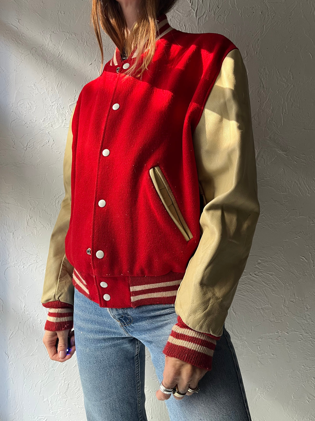 70s 'Arsco' Red Wool Leather Varsity Jacket / Small