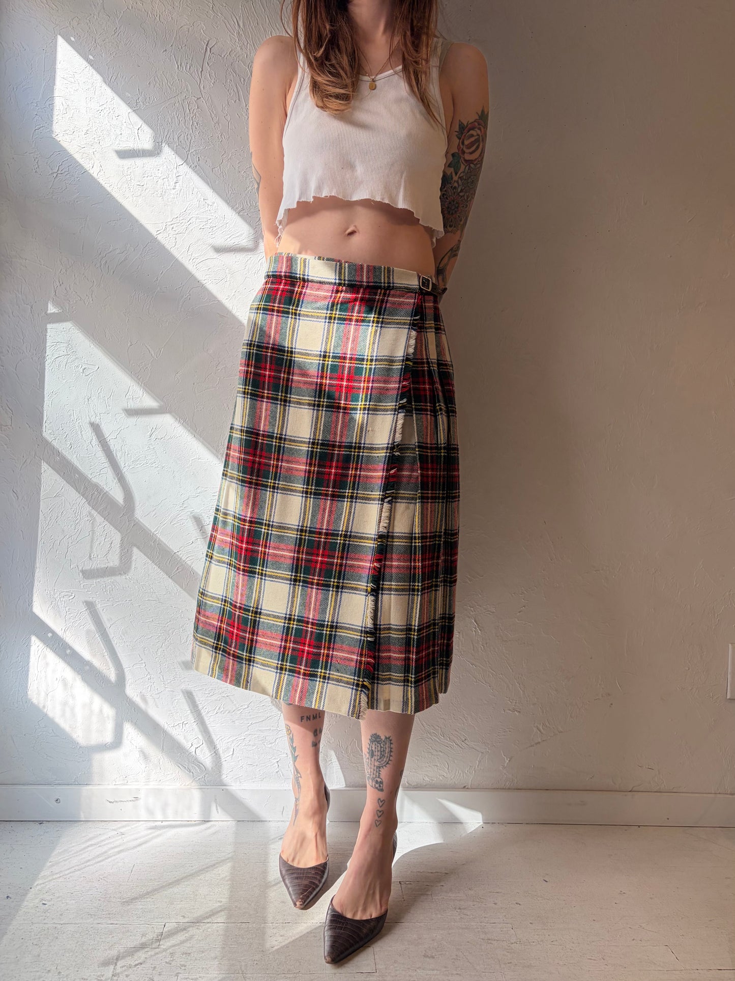 90s Wool Plaid Pleated Skirt / Medium