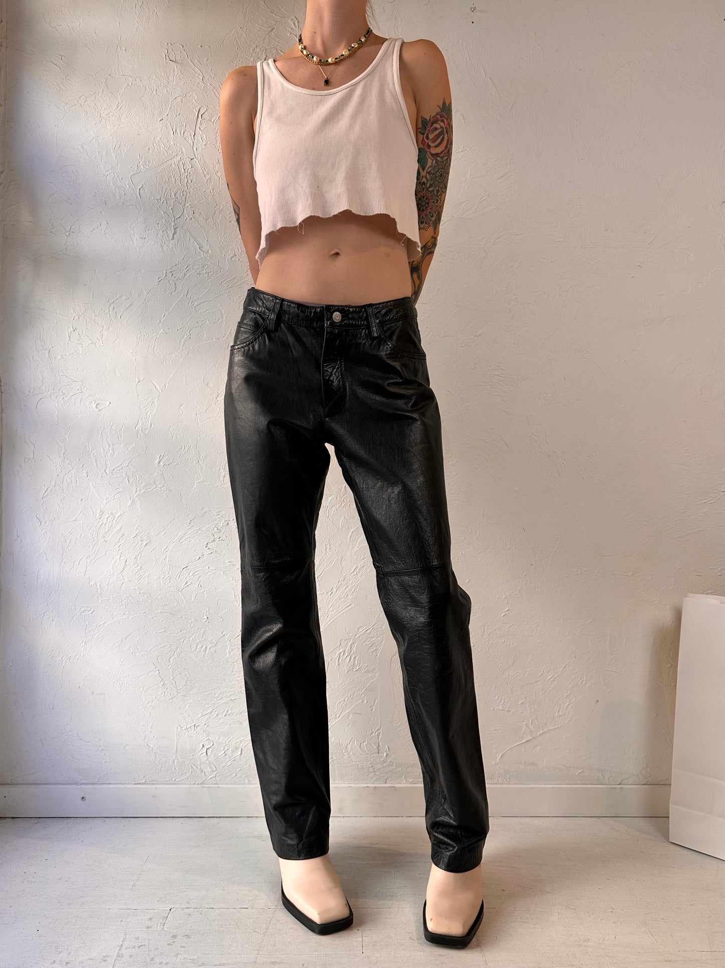 Y2k 'Gap' Black Leather Boot Cut Pants / Medium