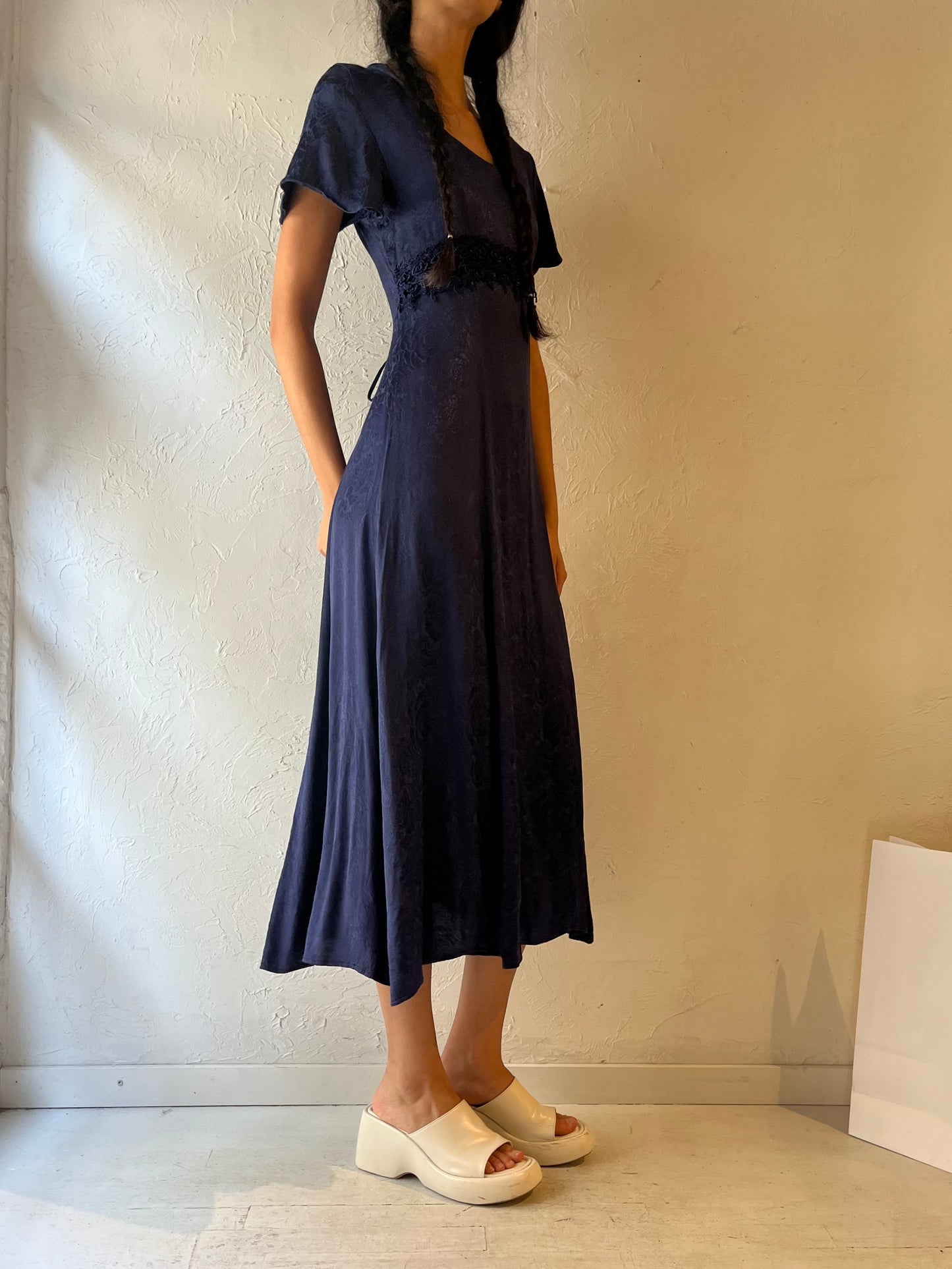 90s 'Jody' Navy Blue Silky Rayon Midi Dress / Small - Medium