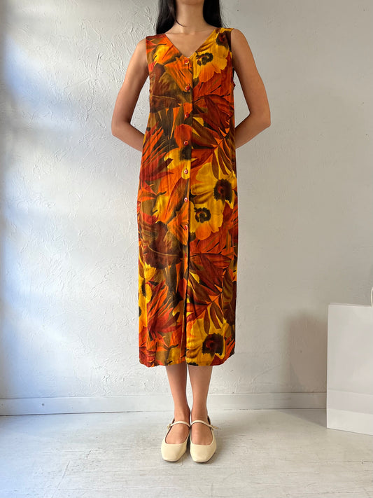 90s ‘Jams World’ Orange Floral Print Rayon Dress / Large