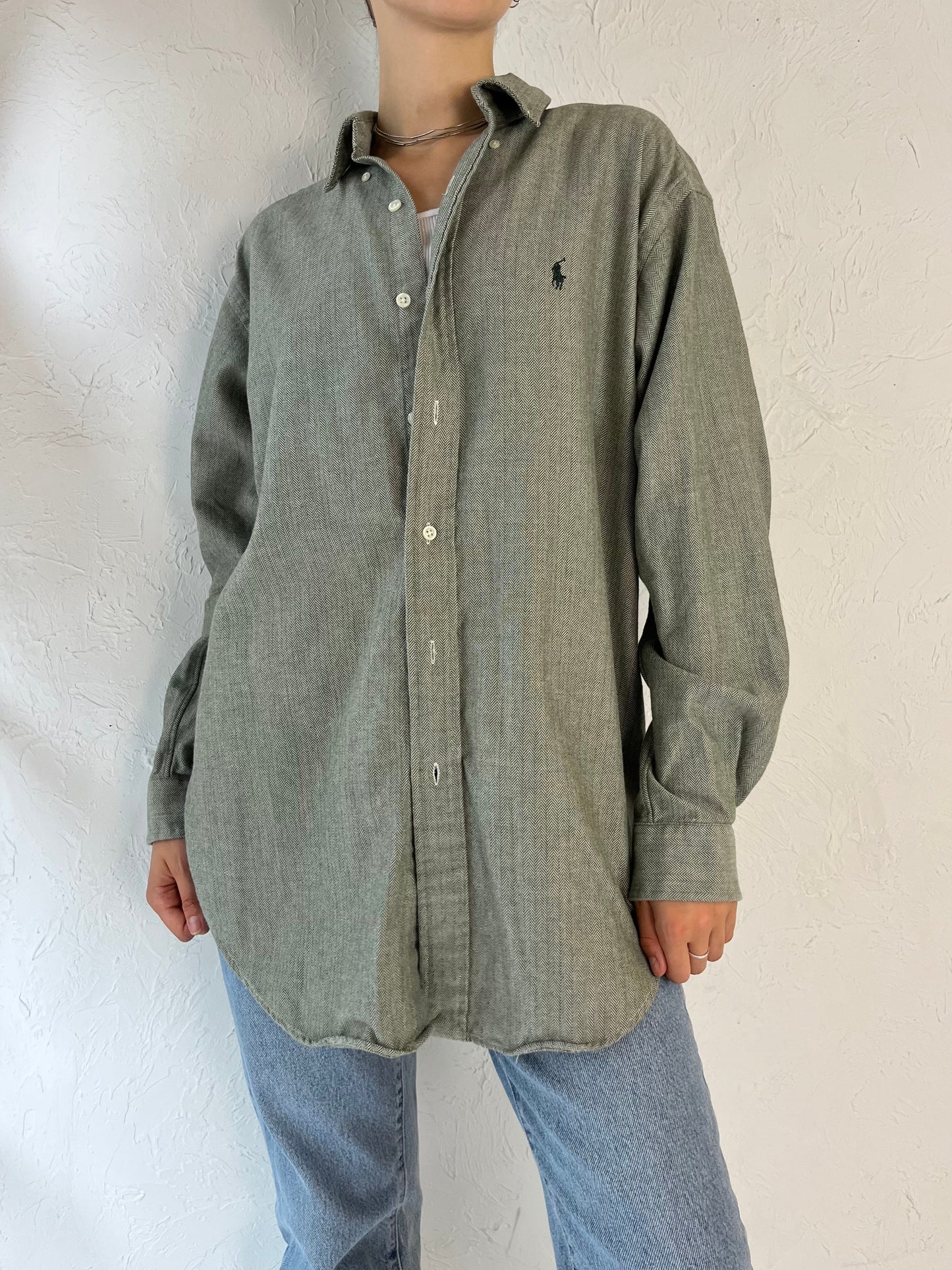 Y2K 'Ralph Lauren' Green Herringbone Cotton Shirt / Small