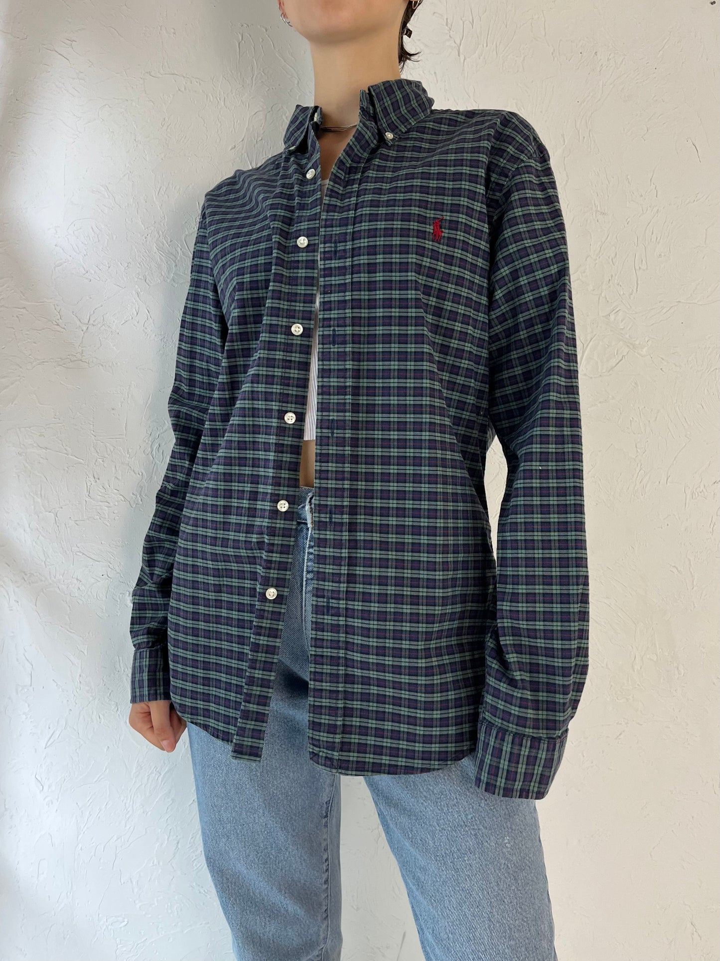 Y2K 'Ralph Lauren' Blue Cotton Plaid Button Up Shirt / Medium