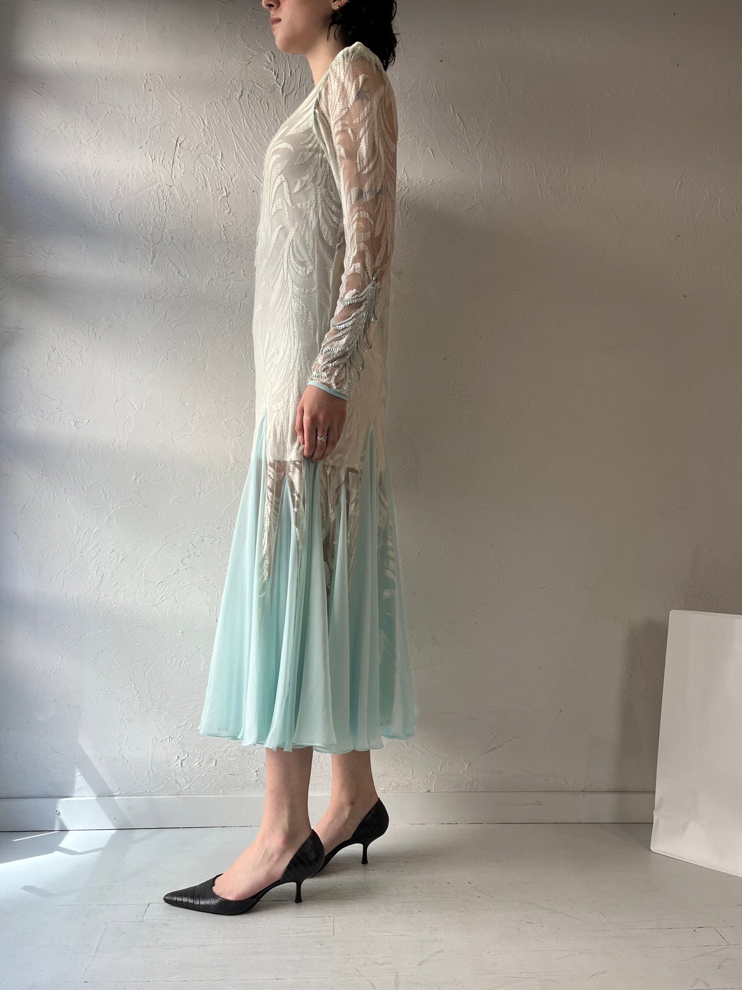 Vintage Baby Blue Mesh Sequin Dress / Medium