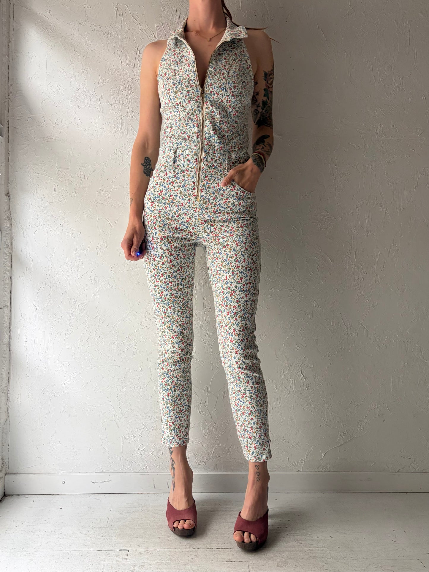 Vintage 2000s 'Guess' Floral Print Stretch Denim Jumpsuit / Small