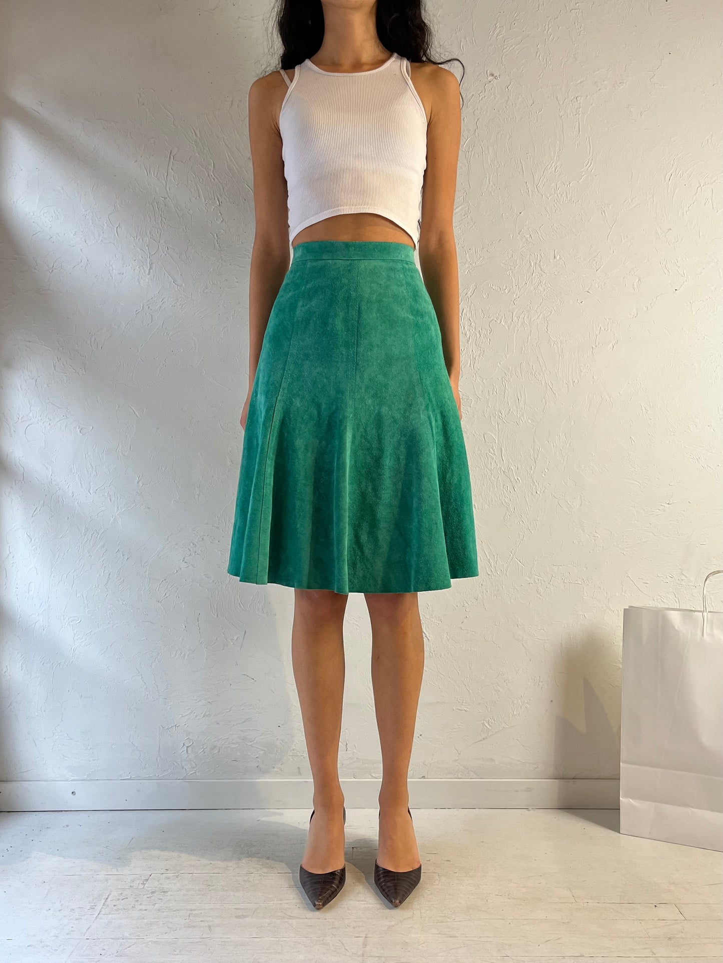 70s Green Suede Leather Midi Skirt / XS