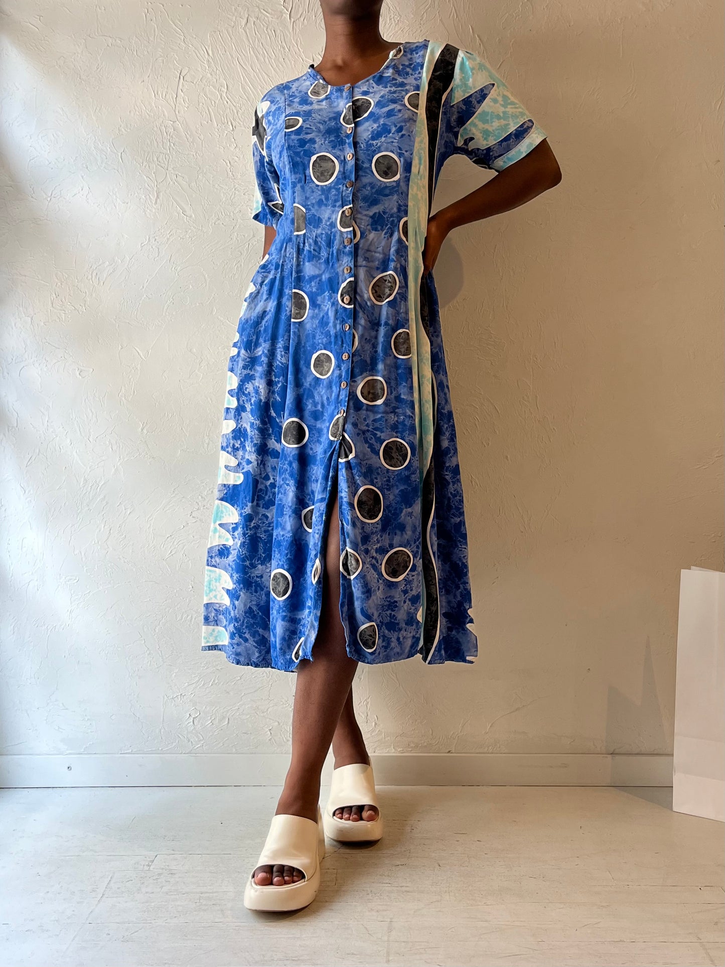 90s 'Yaya' Bue Patterned Rayon Dress / Small - Medium