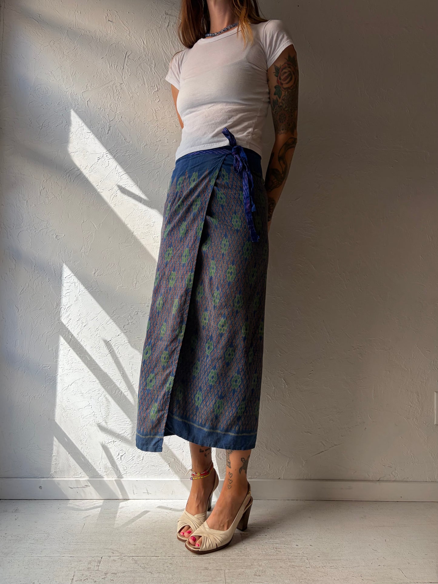 Vintage Silk Blue Patterned Wrap Skirt / Small - Large