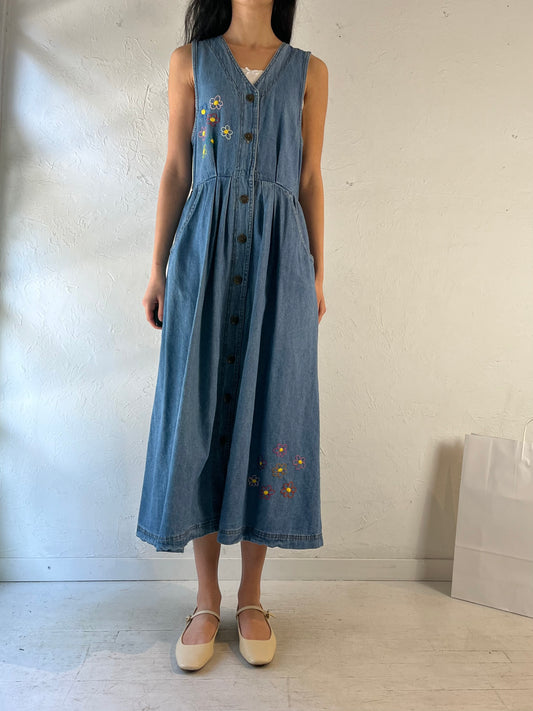 90s ‘Studio Ease’ Embroidered Denim Dress / Medium