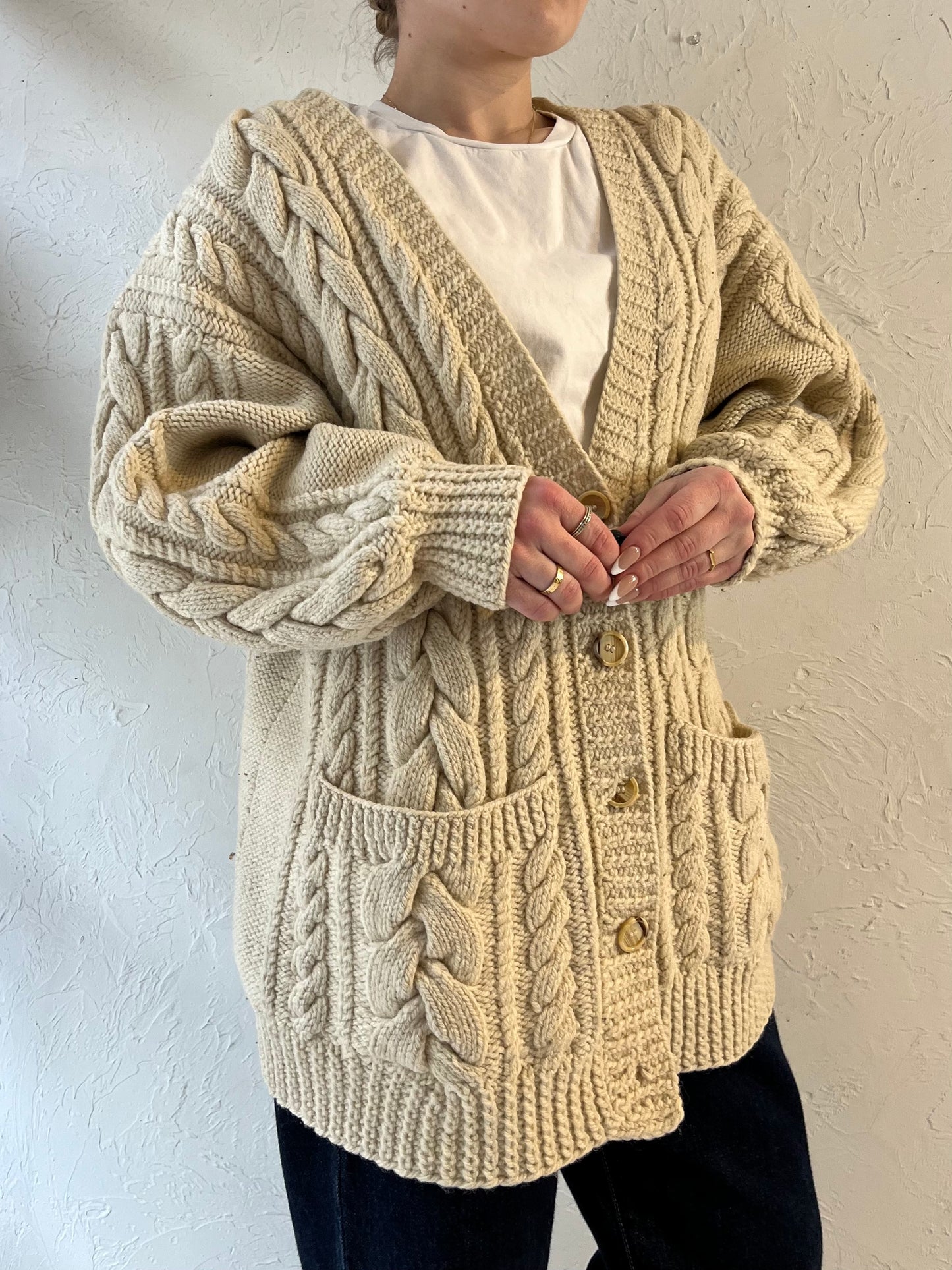 Vintage Cream Cable Knit Cardigan Sweater / Large