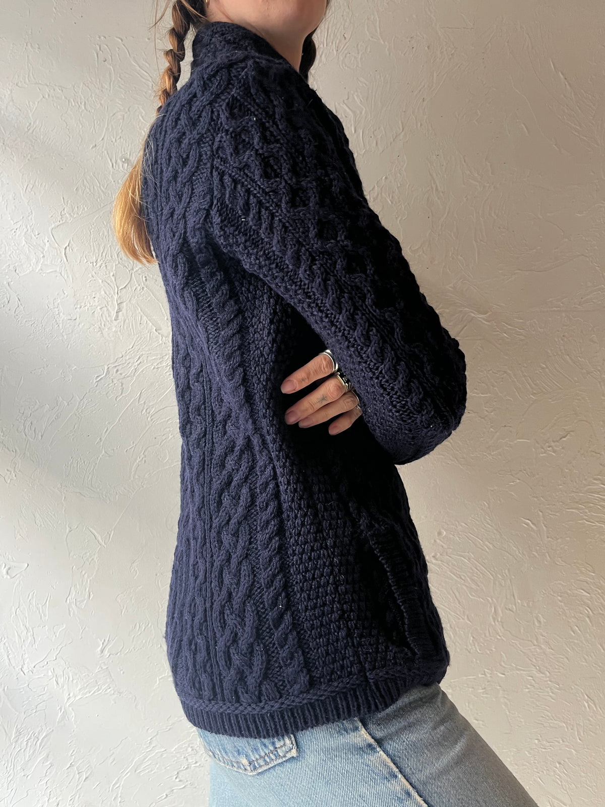 Y2k 'Aran Crafts' Navy Wool Cable Knit Gannycore Cottagecore High Neck Cardigan Sweater / Small