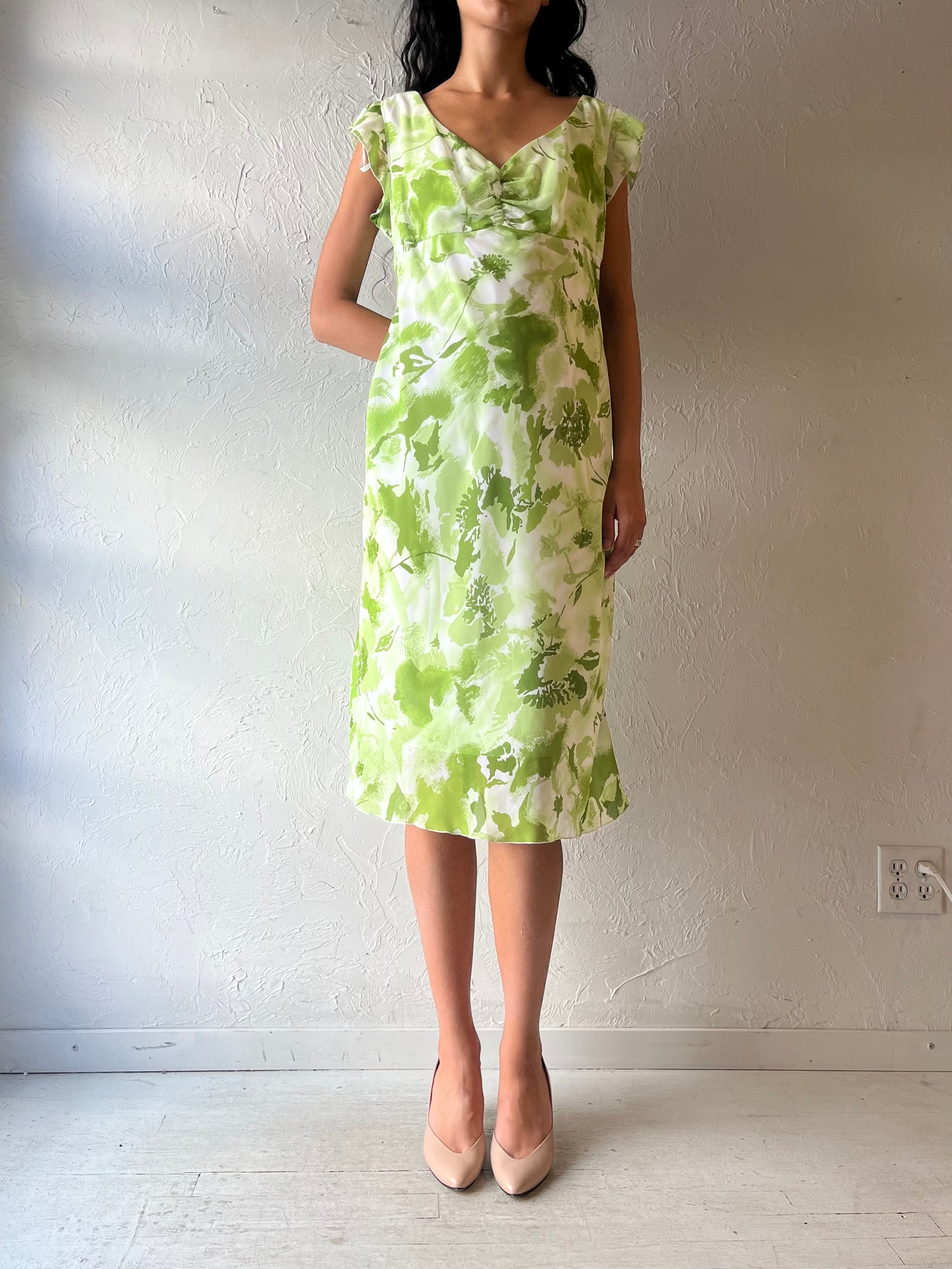 90s 'Jessica' Green Floral Spring Garden Party Midi Summer Dress / Large