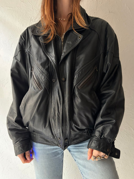 90s Black Leather Bomber Jacket / Large