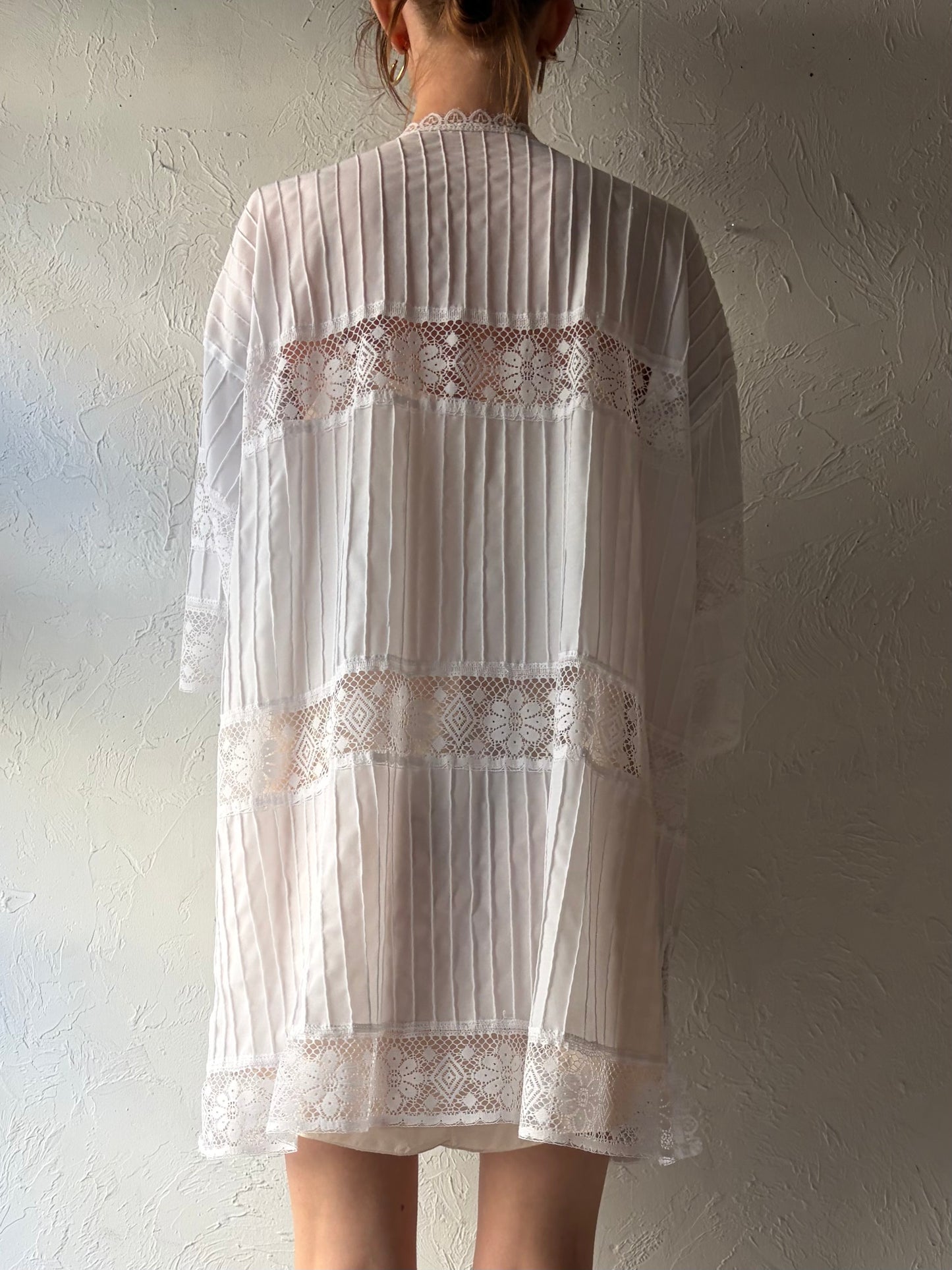 70s White Lace Button Up Blouse / Beach Cover Up / Large
