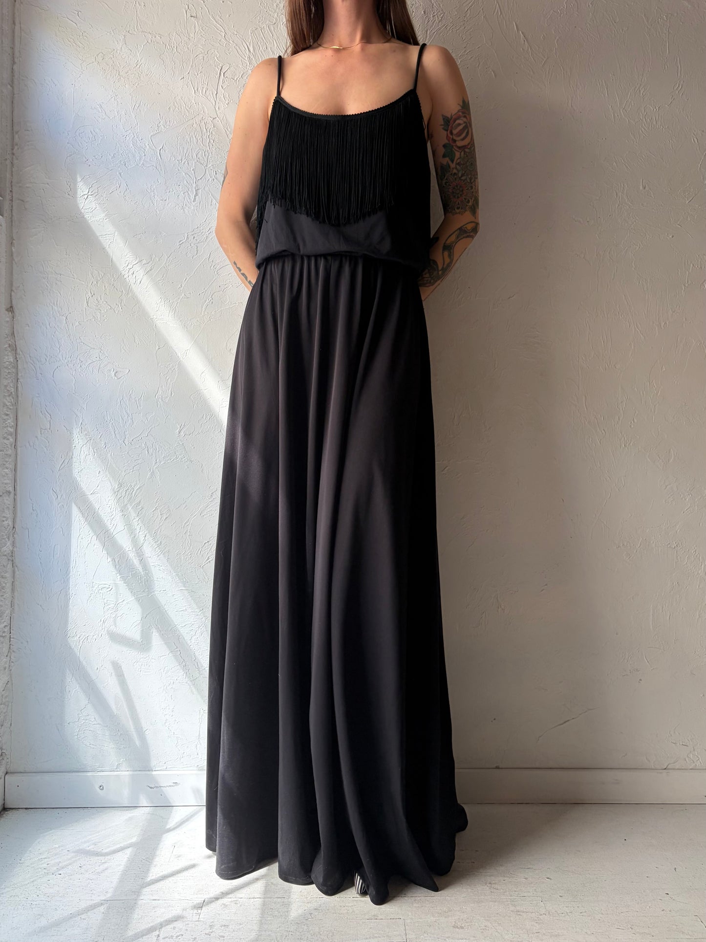 80s 'David Gilbert' Black Fringe Formal Maxi Dress / Large