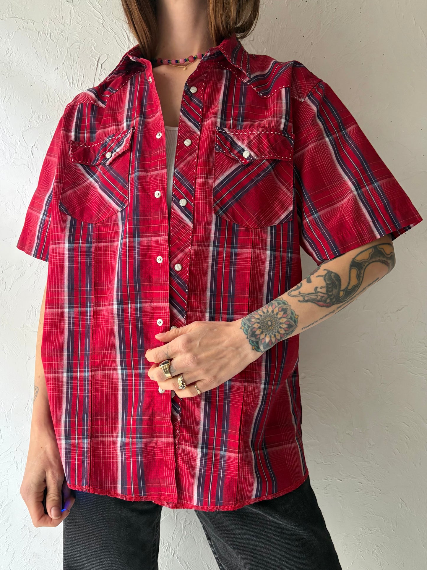 Y2k 'Wrangler' Red Plaid Western Snap Up Short Sleeve Cowboy Work Wears Shirt / Small