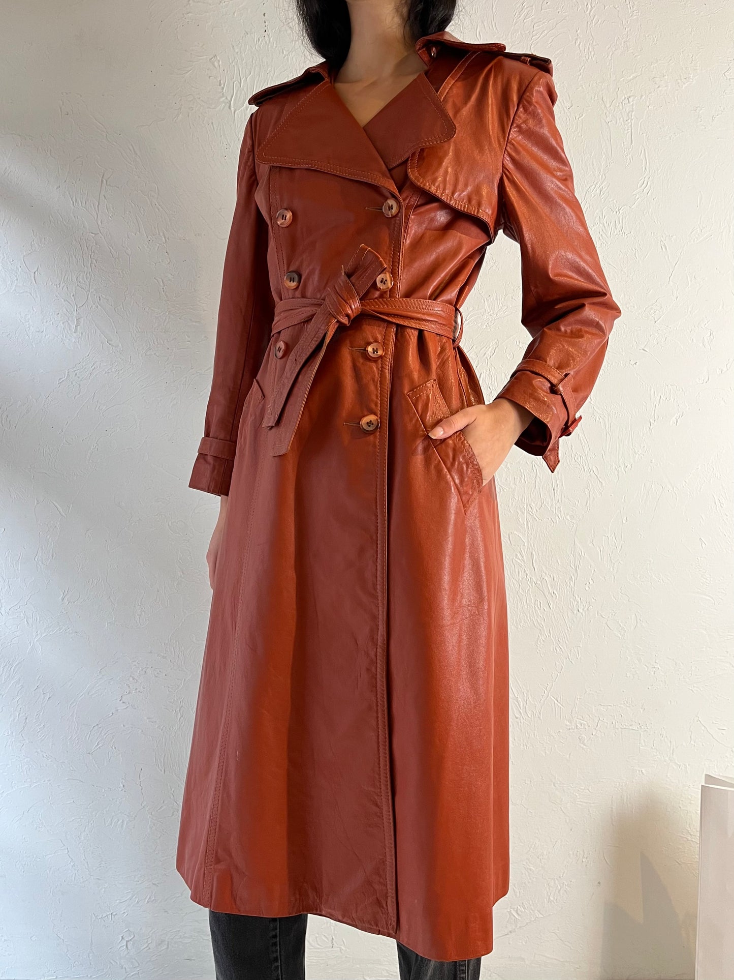 70s ‘Learsi’ Orange Leather Trench Coat / Small