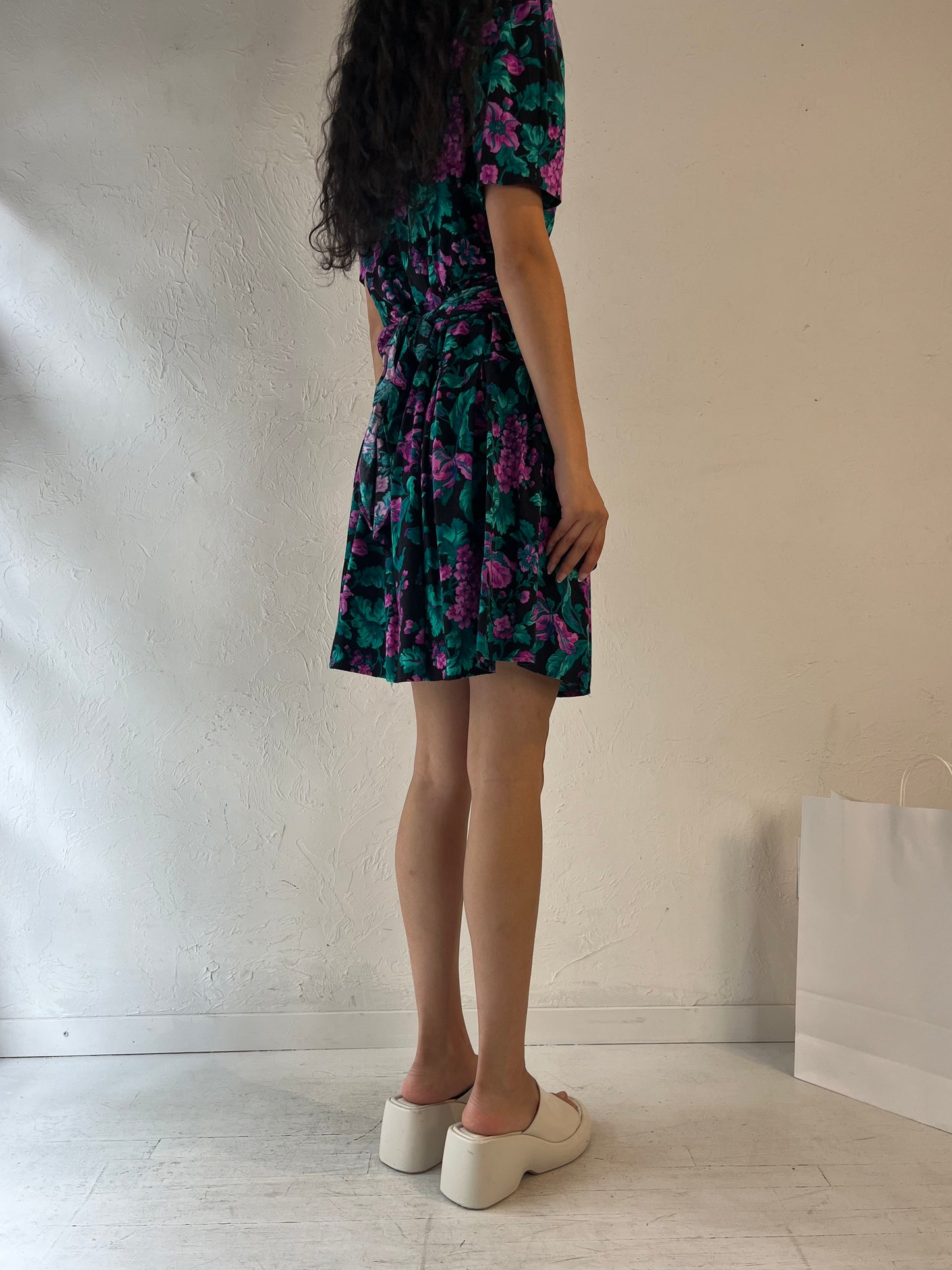 80s 'Vittoria Virini' Floral Print Midi Dress / Medium