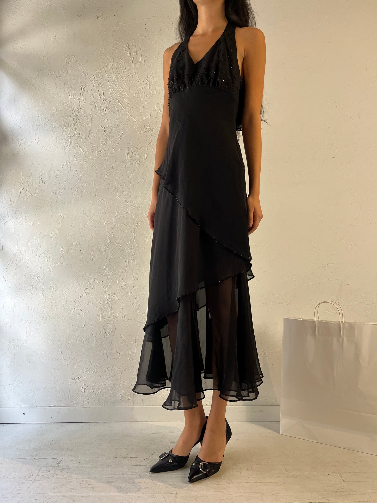 90s 'Jessica' Black Beaded Halter Dress / Small - Medium