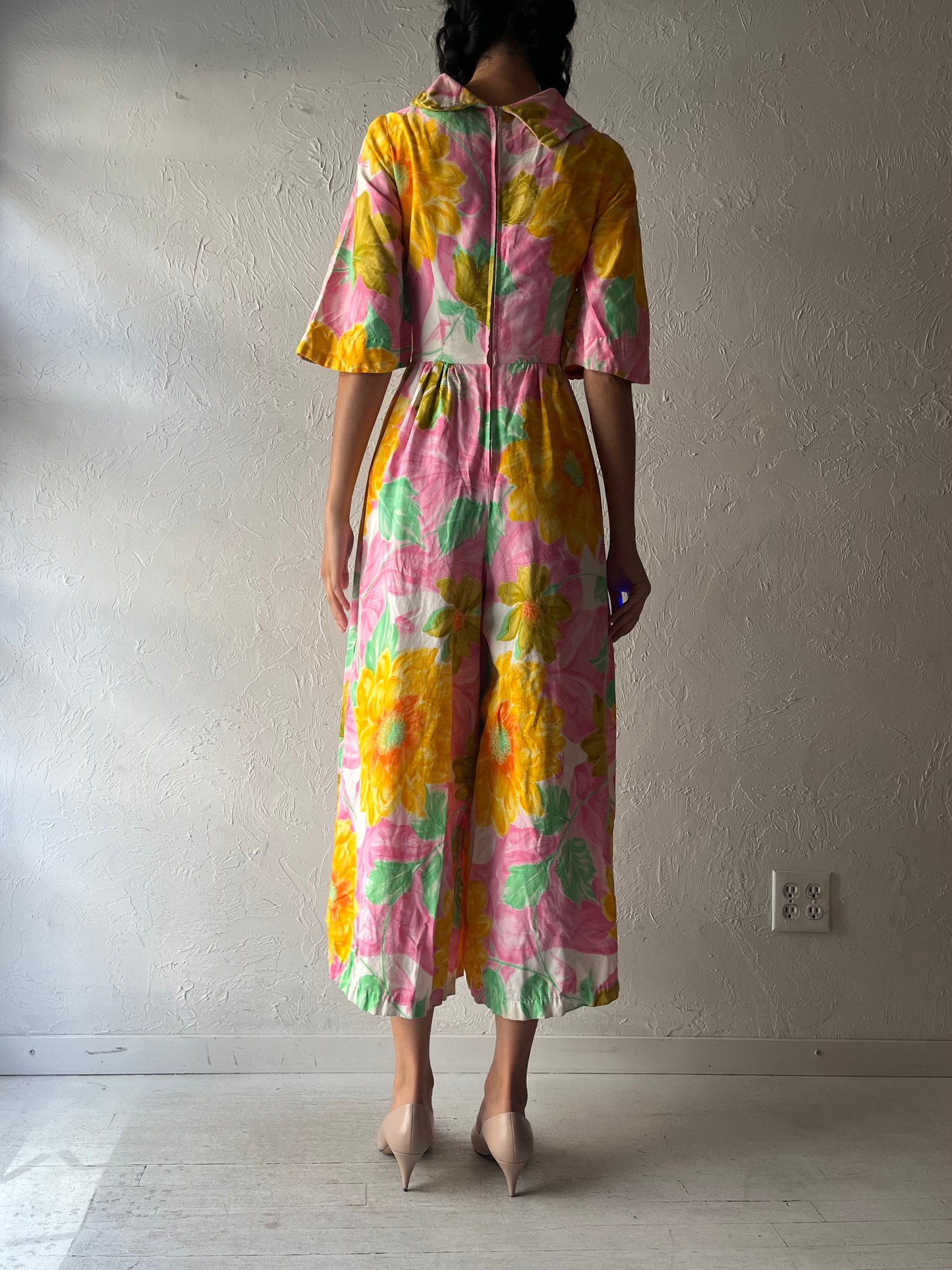 70s Patterned High Neck Wide Leg Retro Jumpsuit / Small