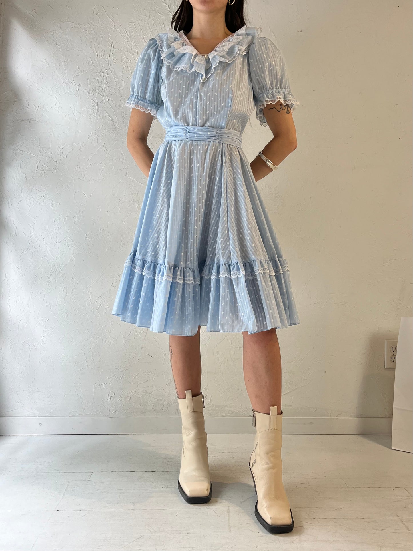 Vintage Handmade Blue Puff Sleeve Prairie Dress / Small