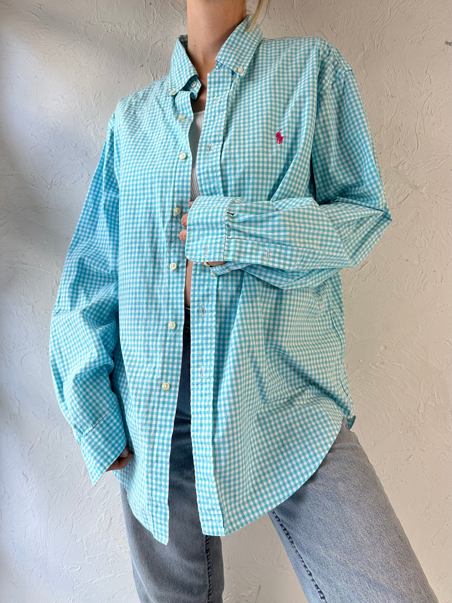 Y2k 'Ralph Lauren' Blue Gingham Cotton Shirt / XL