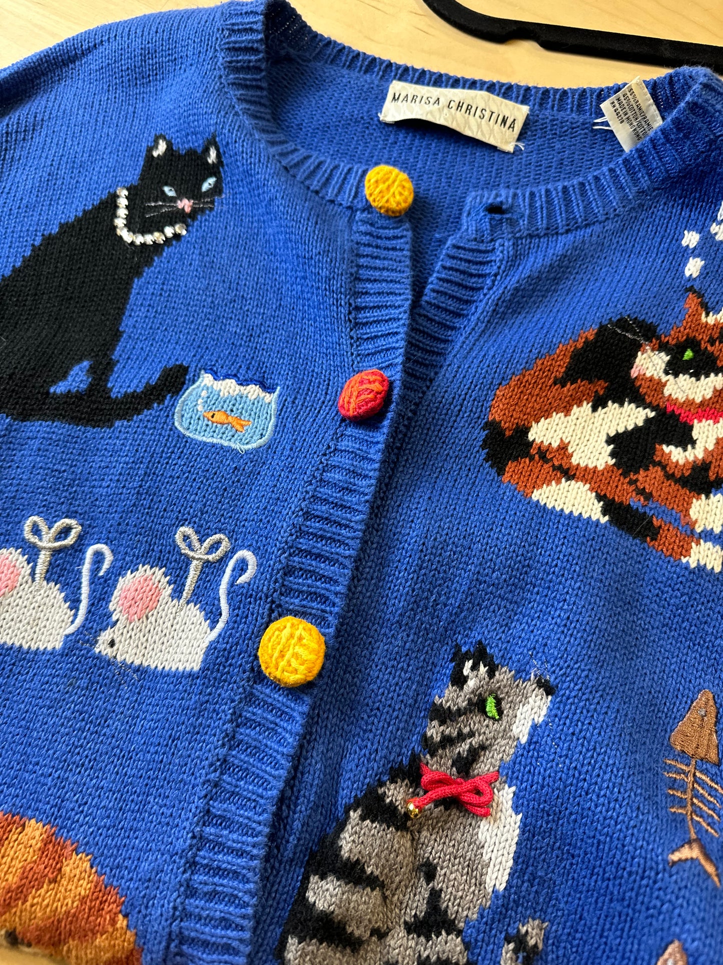 90s 'Marisa Christina' Cotton Ramie Knit Cat Cardigan Sweater / Medium