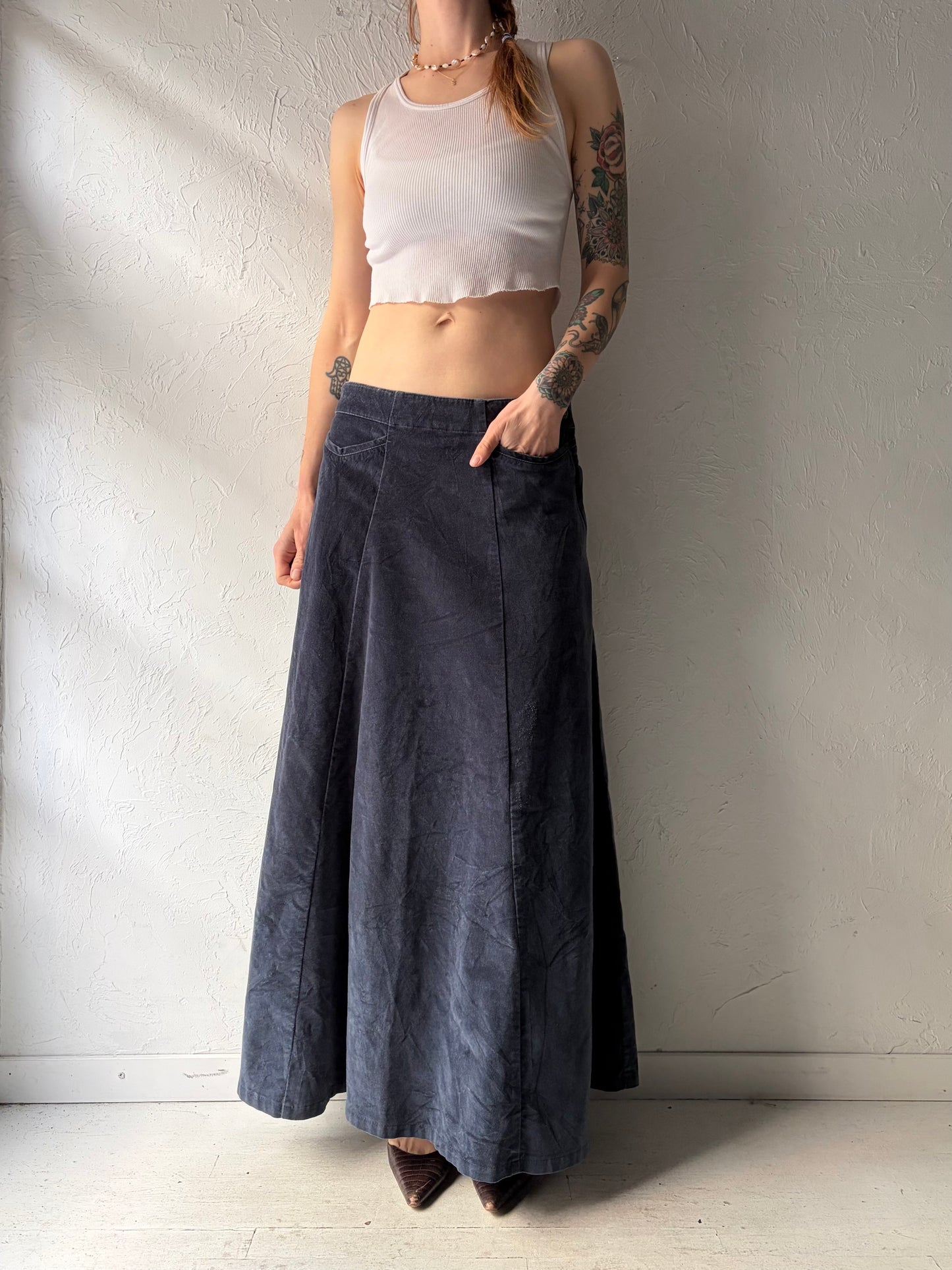 90s 'Tommy Hilfiger' Blue Velvet Grunge Maxi Skirt / Medium