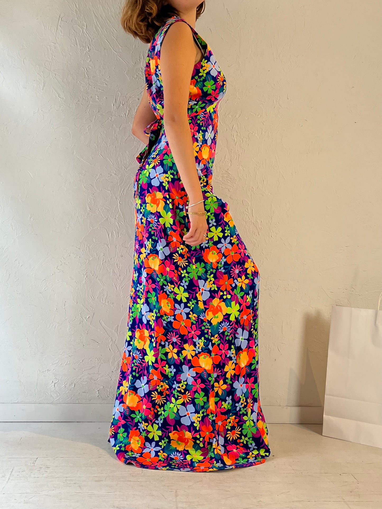 Vintage Handmade Retro Floral Print Maxi Dress / Medium