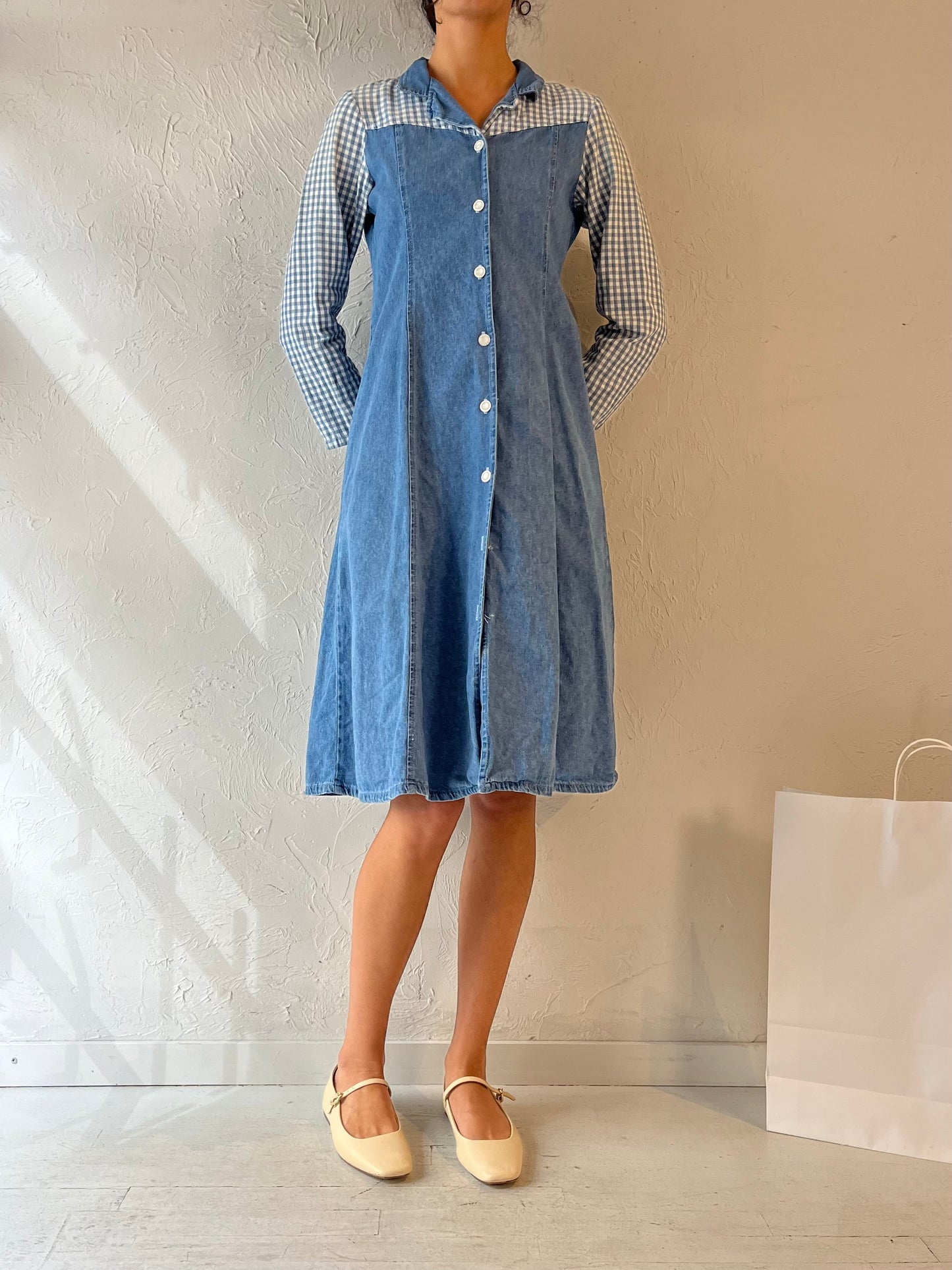 90s 'Rose Cottage' Long Sleeve Collared Denim Dress / Small