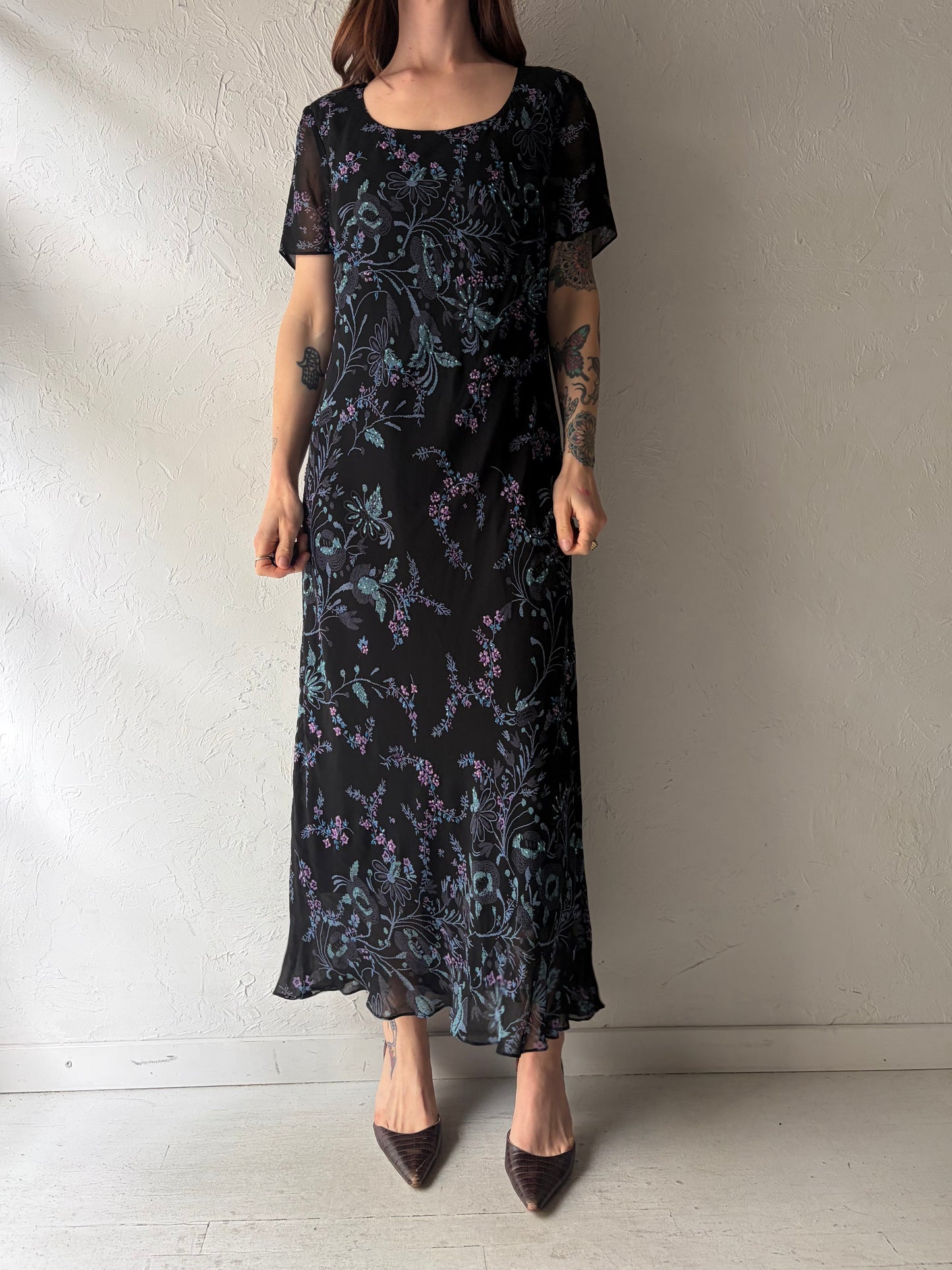 Y2k 'Eva Blue' Black Floral Romanic Summer Dress / Vintage 2000s Flowy Maxi Formal Dress/ Large