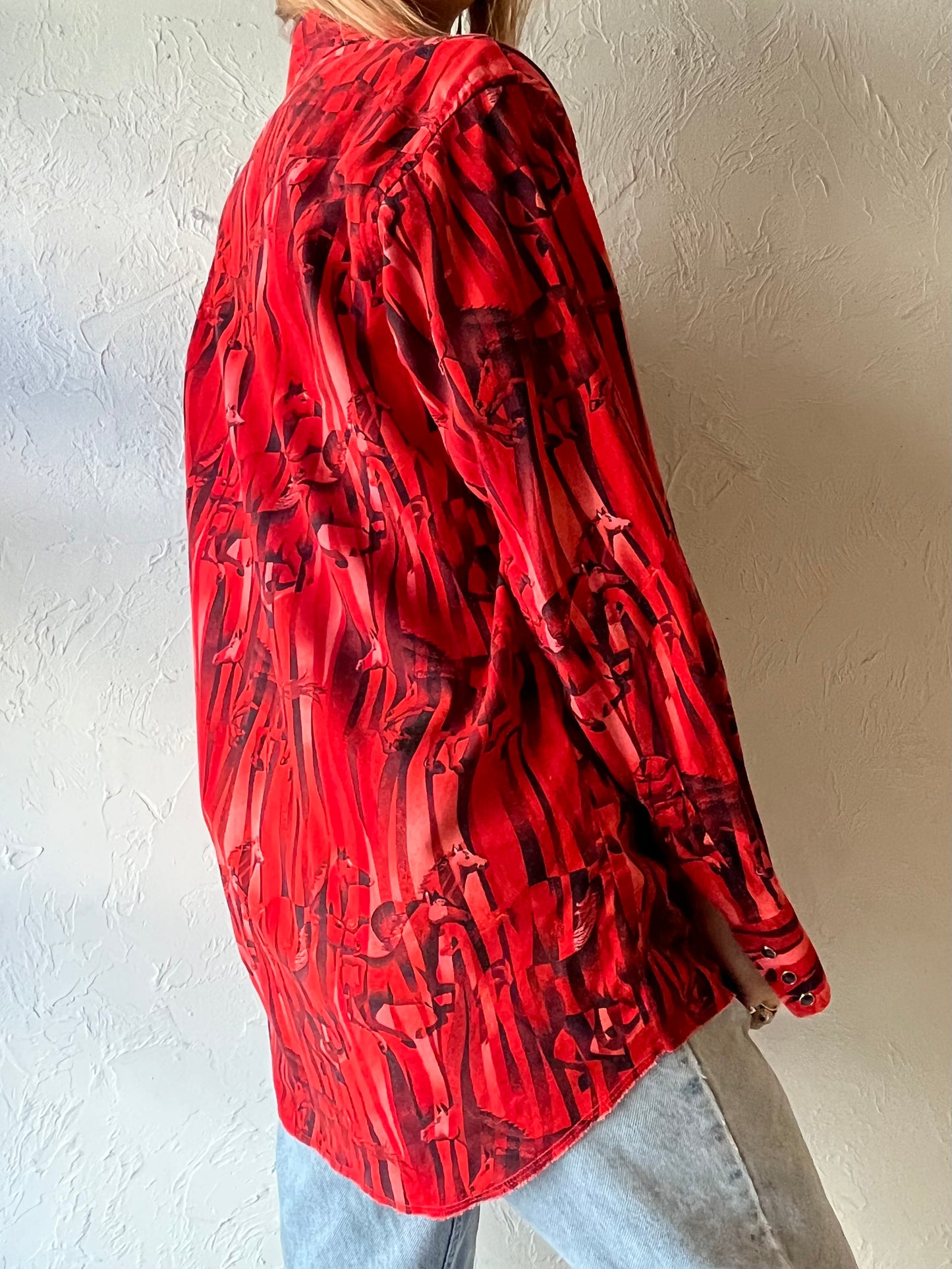 90s ‘Wrangler’ Abstract Horse Print Red Pearl Snap Shirt / Medium