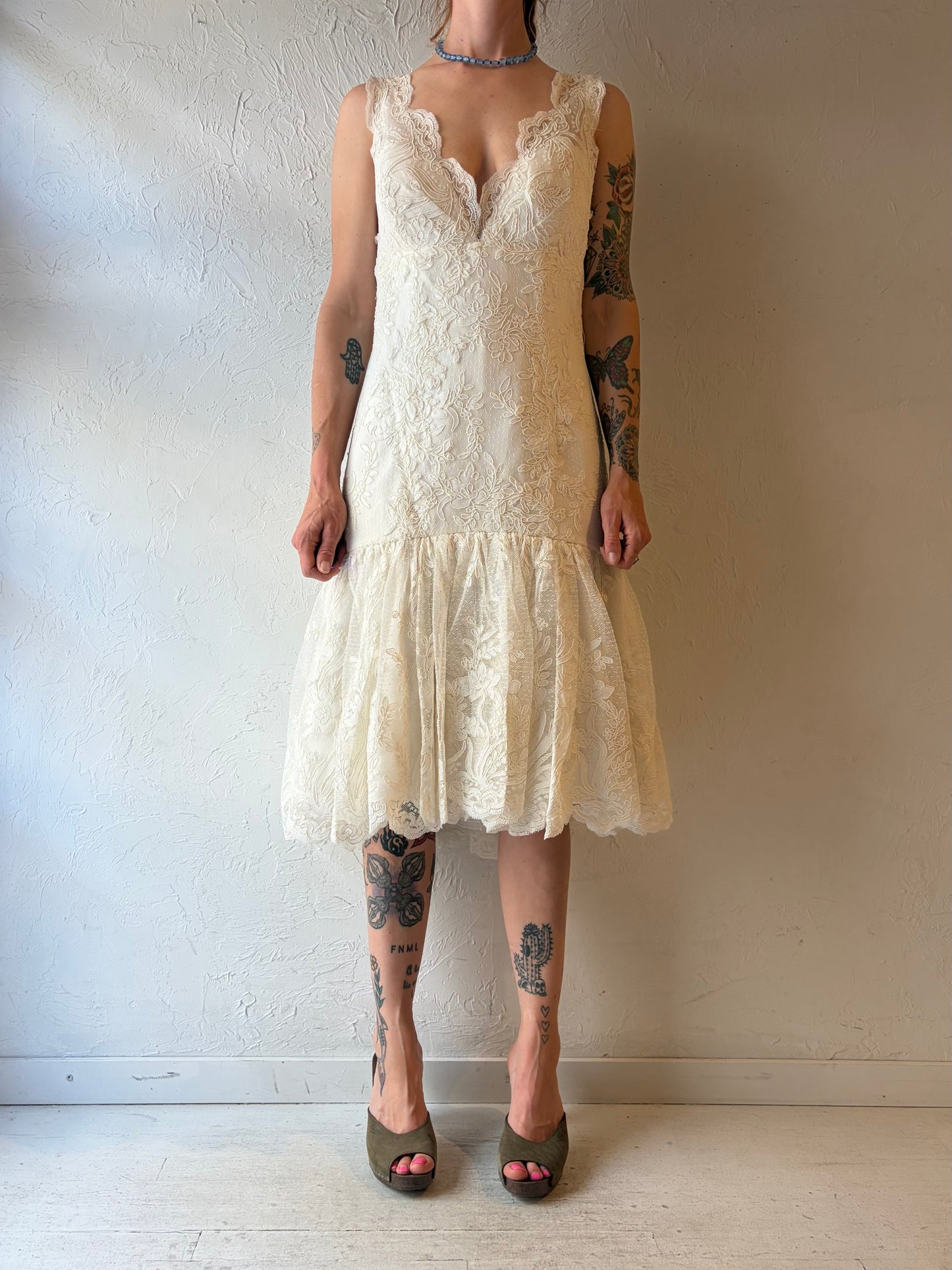 90s 'Waters Brides' White Romanic Lace Formal Bridal Midi Dress / Medium