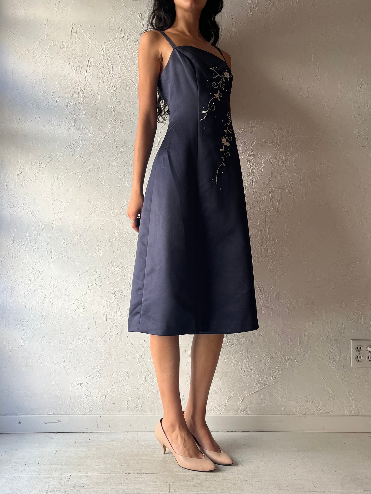 Y2k 'Alex Hanson' Navy Blue Floral Embroidered Formal Party Midi Dress / Medium