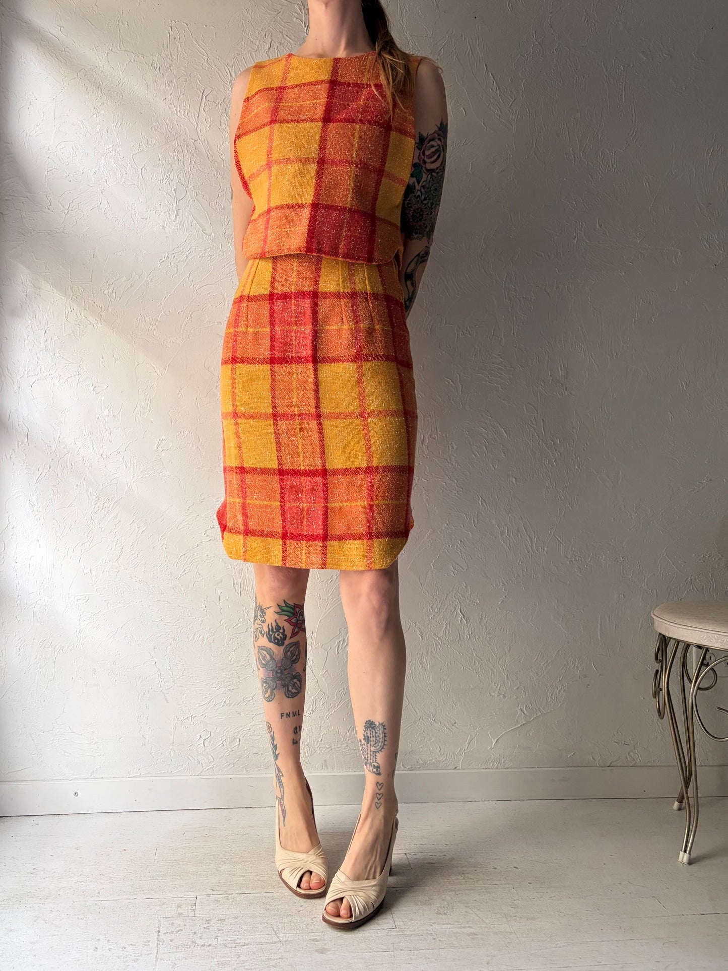 60s Handmade Plaid Skirt and Top Set / XS