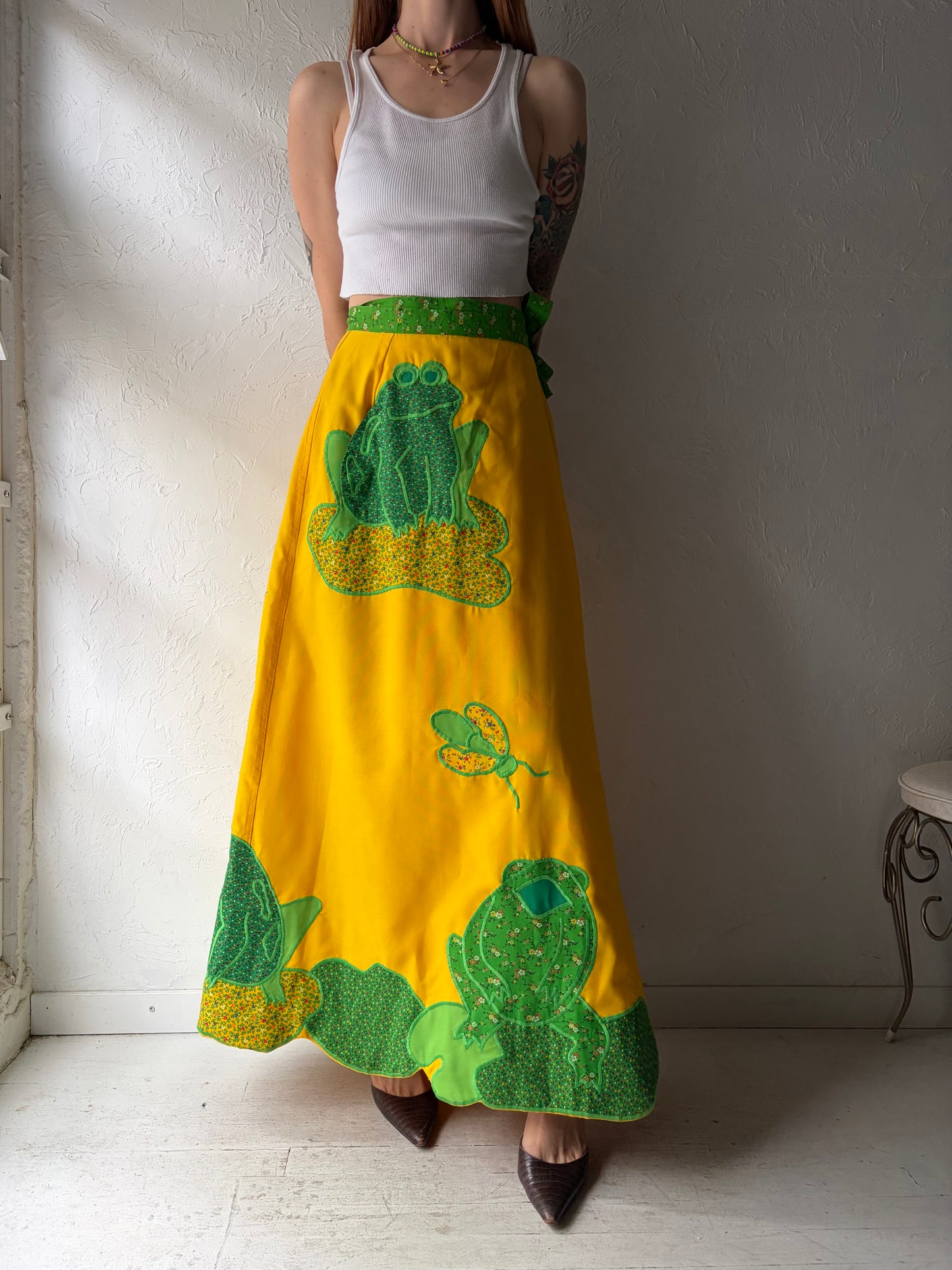 70s 'Alfreds Wife' Yellow Frog Novelty Wrap Skirt / Small