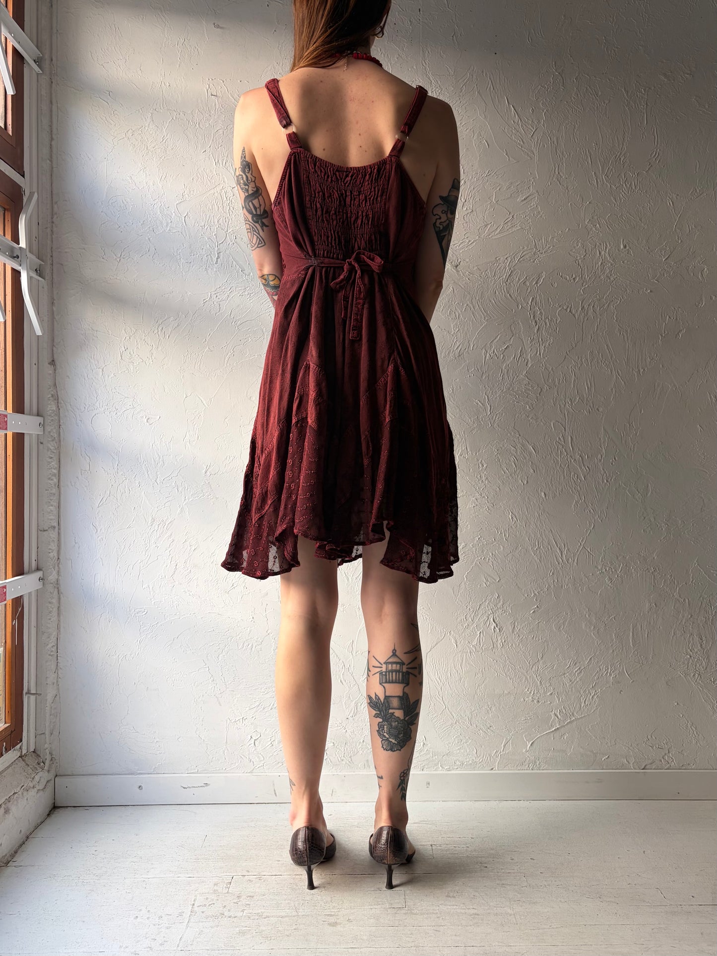 Y2k 'My Choice' Burgundy Fairycore Summer Dress / Vintage 2000s Boho Hippie Mini Dress / Large