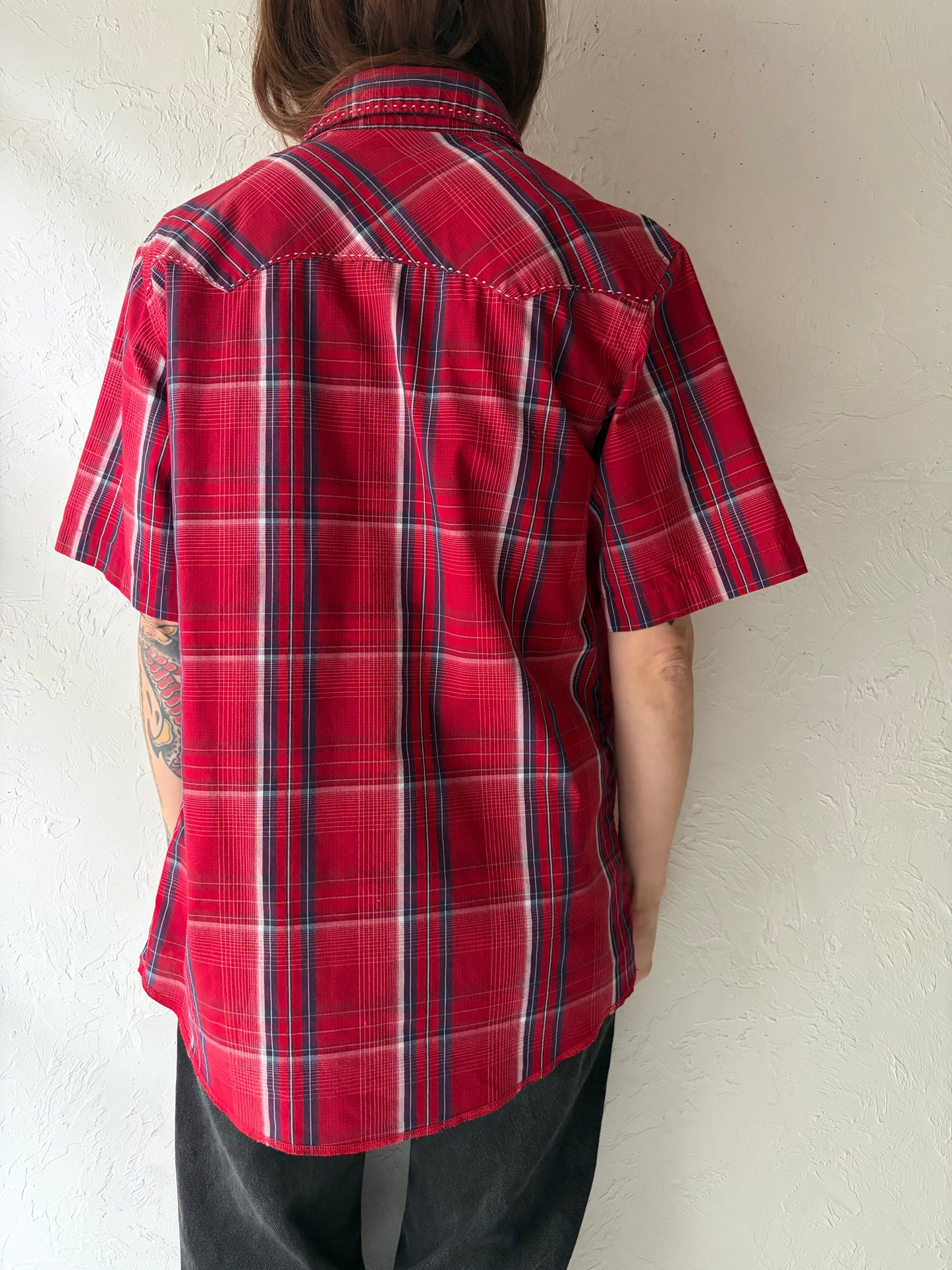 Y2k 'Wrangler' Red Plaid Western Snap Up Short Sleeve Cowboy Work Wears Shirt / Small