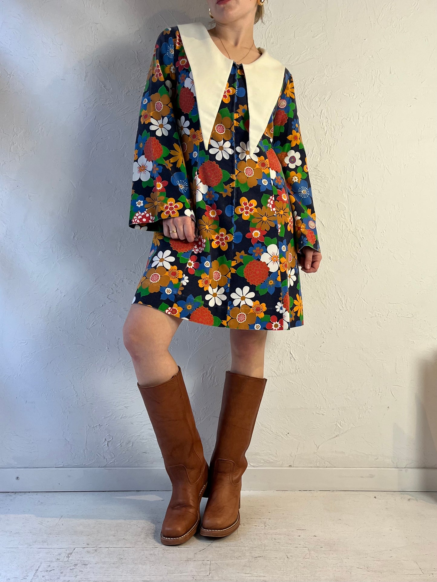 70s 'Sears' Floral Print Long Sleeve Mini Dress / Small