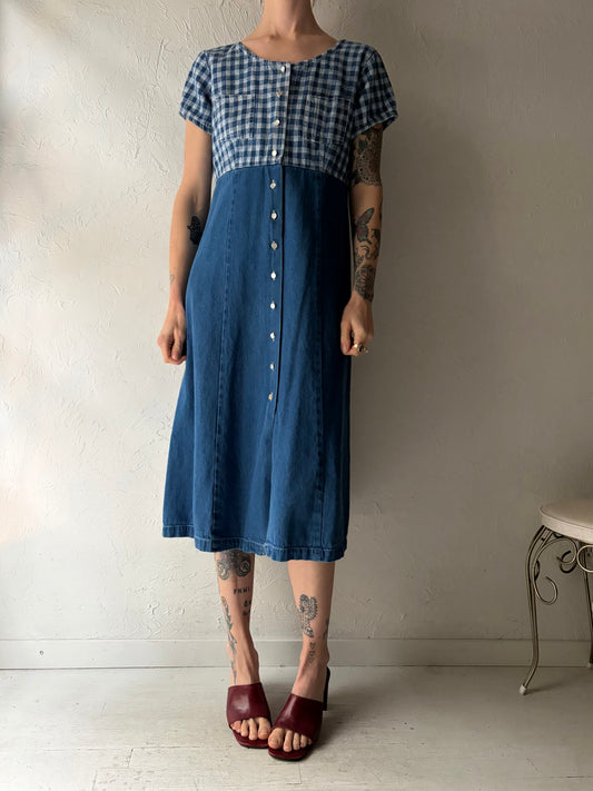 90s 'Half Mode' Denim Button up Midi Dress / Medium