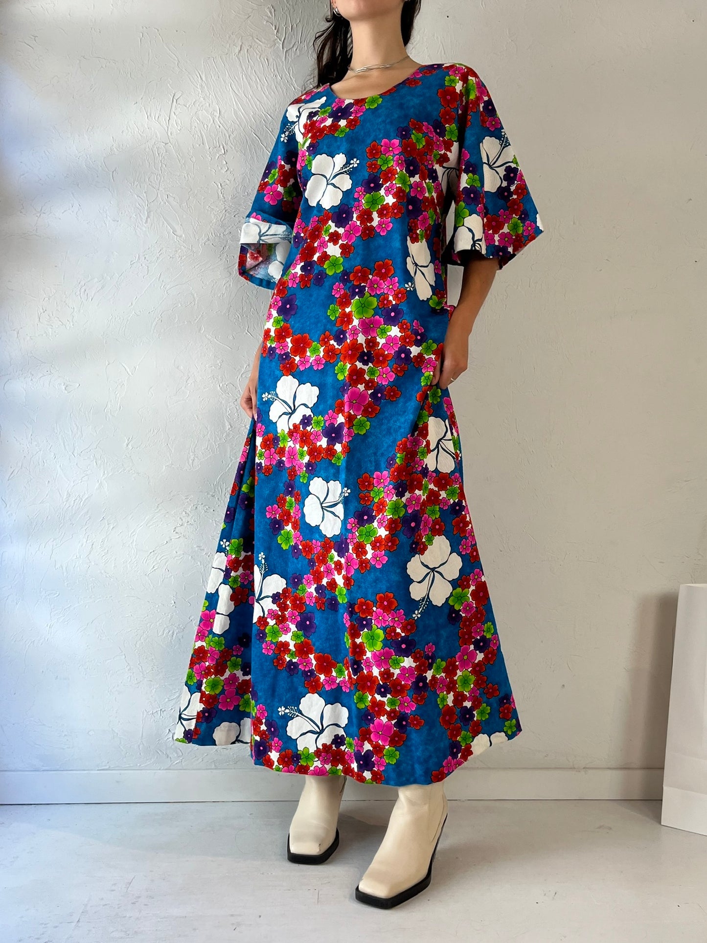 70s 'Hilo Hattie' Floral Print Cotton Maxi Dress / Medium