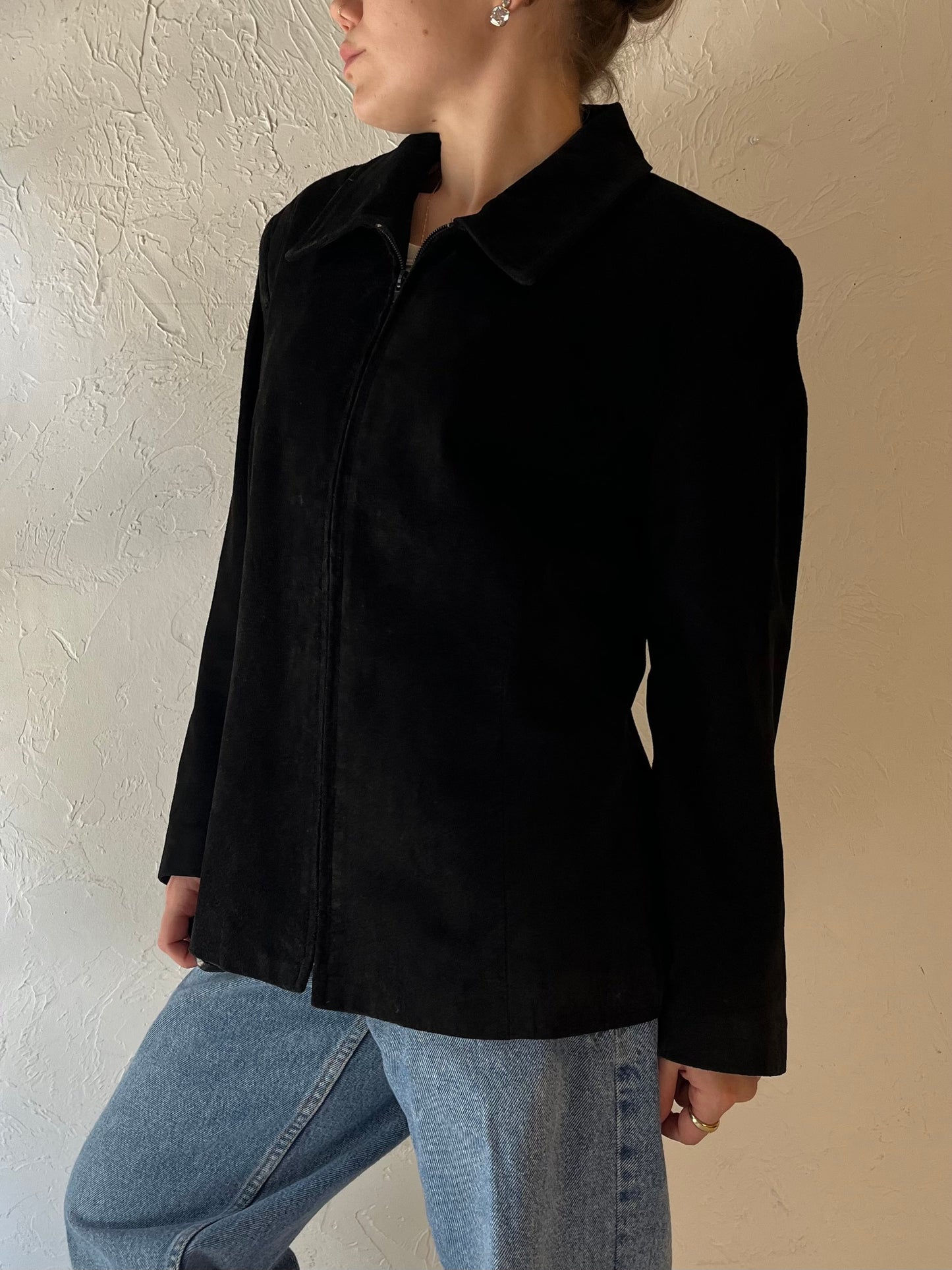 90s 'Danier' Black Suede Leather Jacket / Large